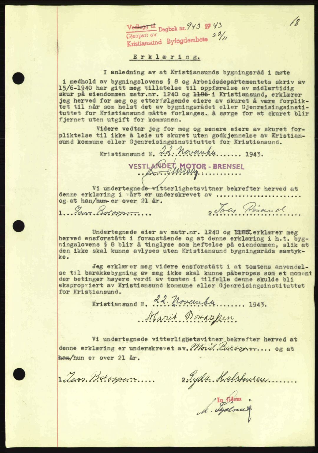 Kristiansund byfogd, SAT/A-4587/A/27: Mortgage book no. 37-38, 1943-1945, Diary no: : 943/1943