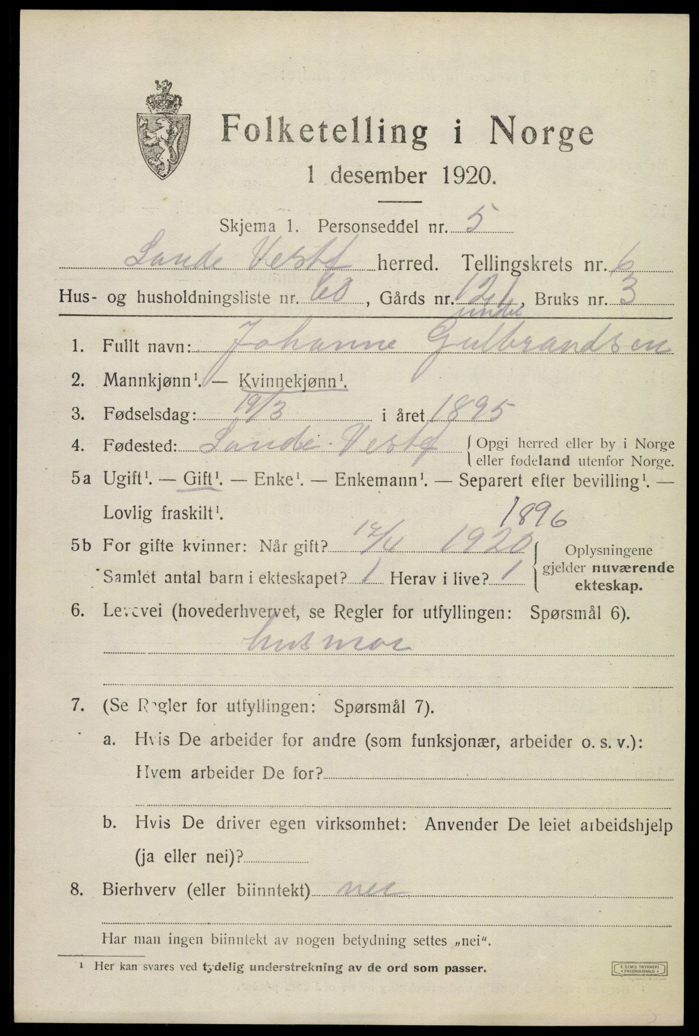 SAKO, 1920 census for Sande, 1920, p. 7896