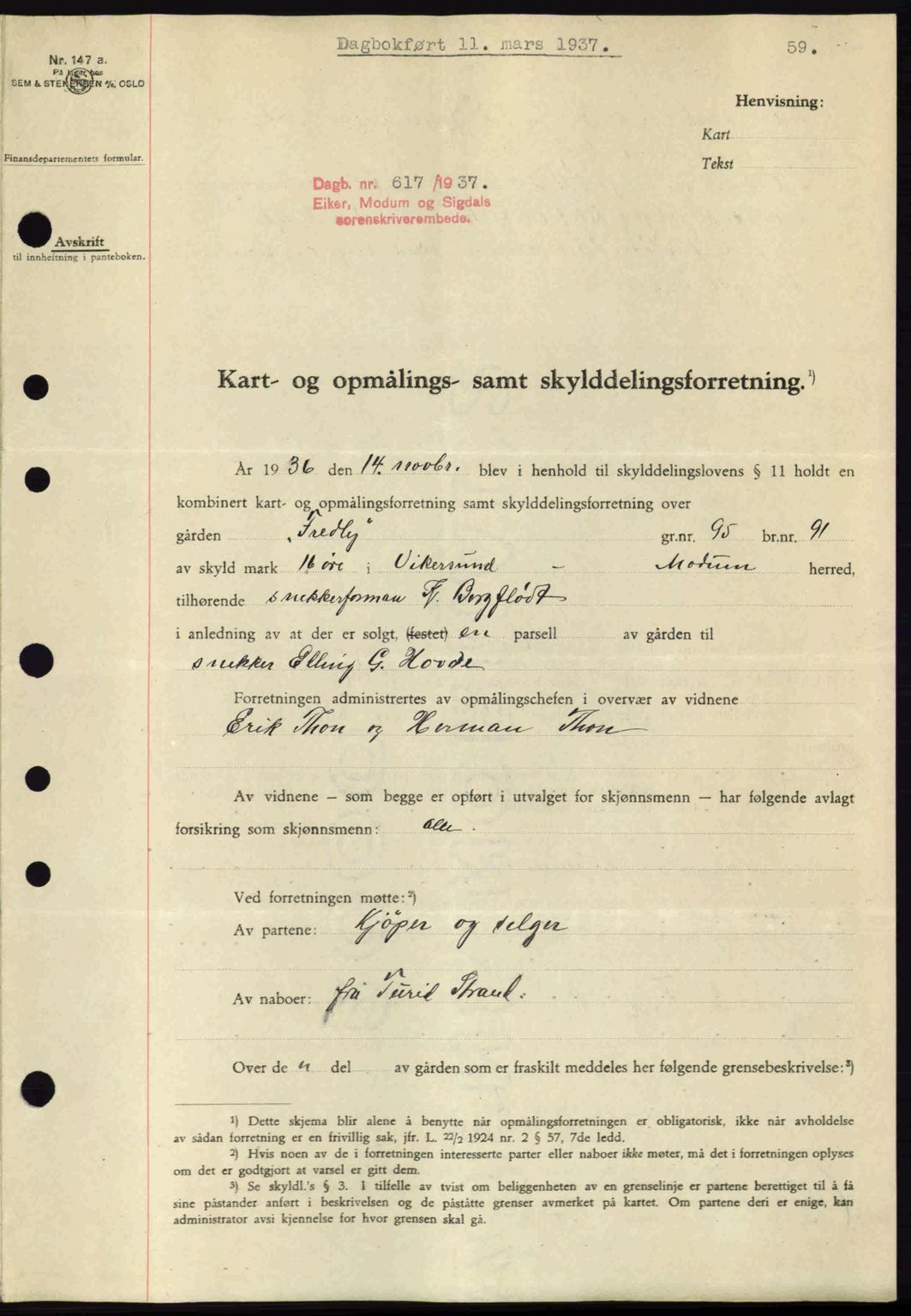 Eiker, Modum og Sigdal sorenskriveri, SAKO/A-123/G/Ga/Gab/L0035: Mortgage book no. A5, 1937-1937, Diary no: : 617/1937