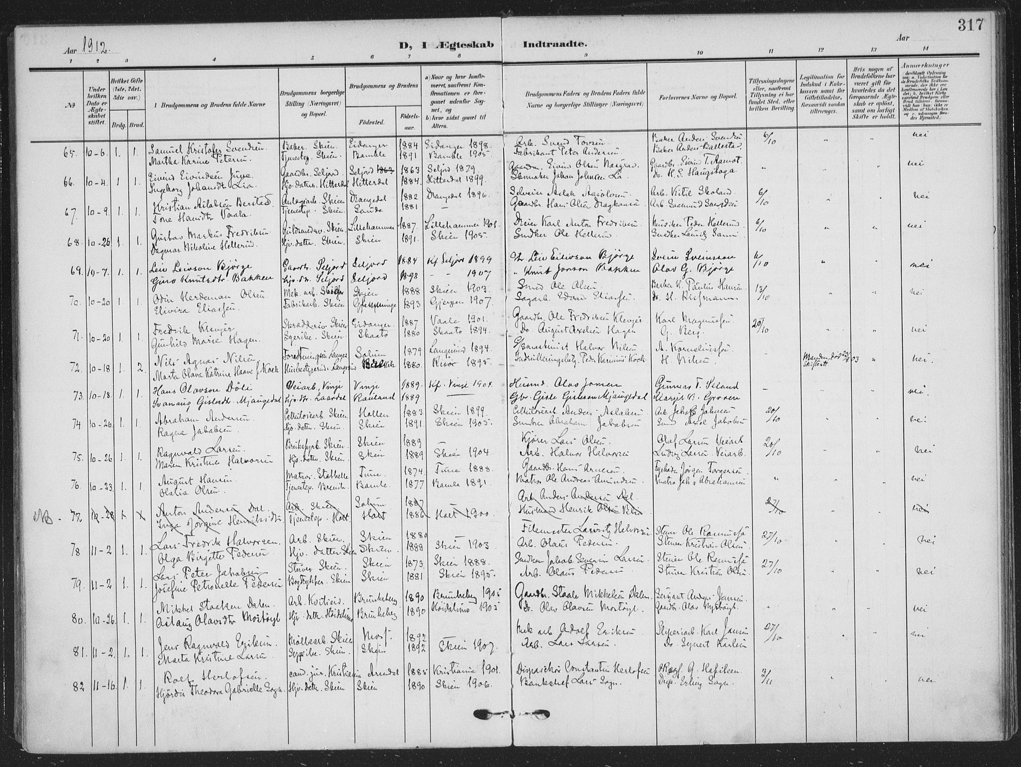 Skien kirkebøker, AV/SAKO-A-302/F/Fa/L0012: Parish register (official) no. 12, 1908-1914, p. 317
