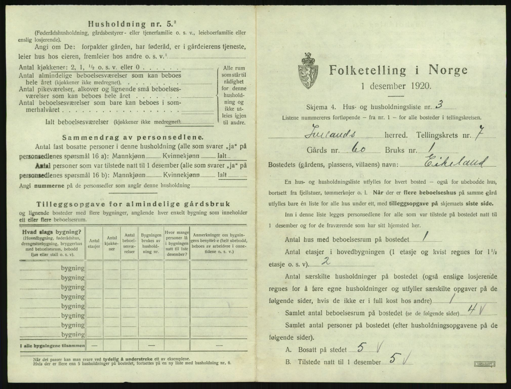 SAK, 1920 census for Iveland, 1920, p. 341