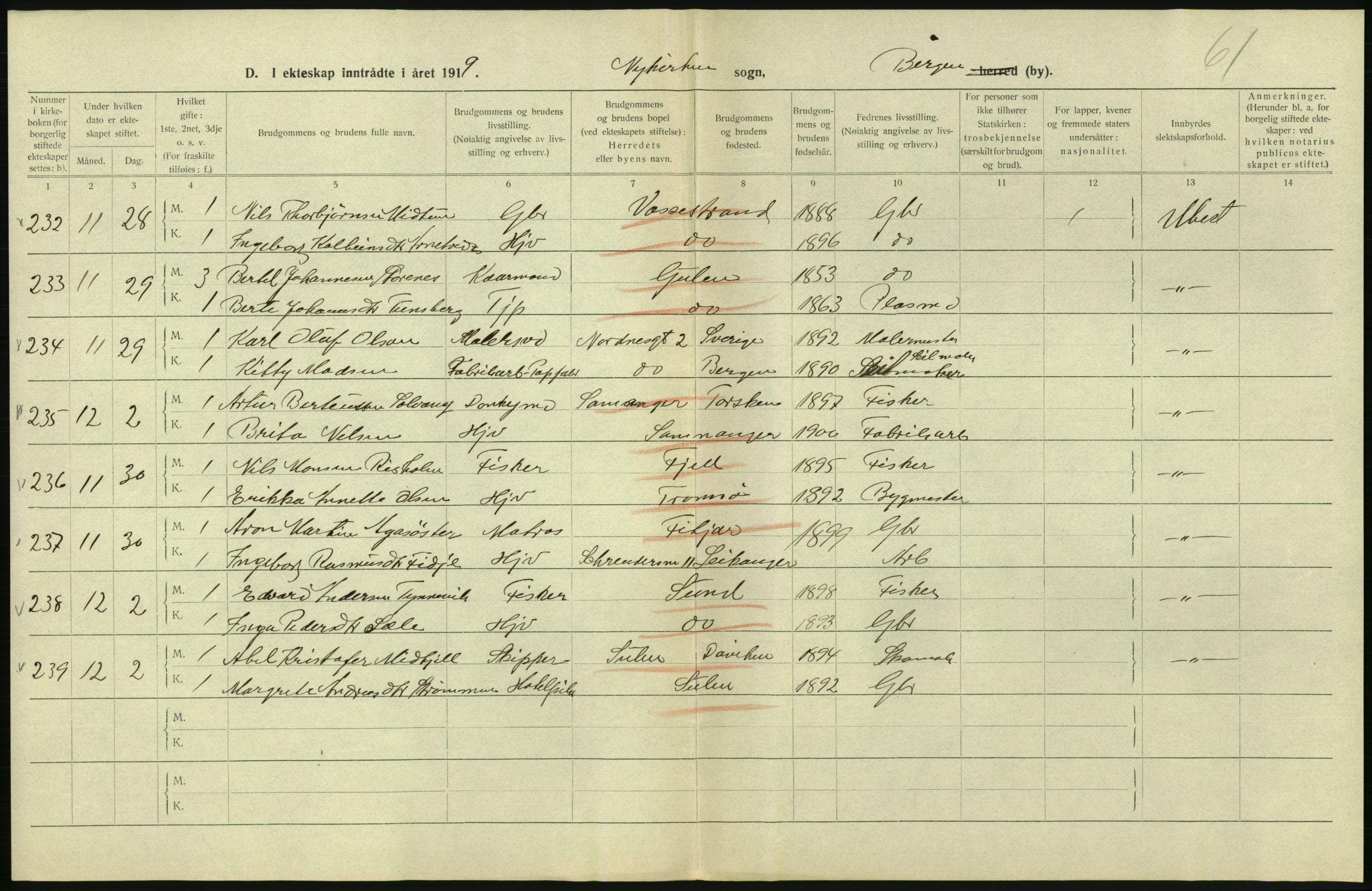 Statistisk sentralbyrå, Sosiodemografiske emner, Befolkning, RA/S-2228/D/Df/Dfb/Dfbi/L0035: Bergen: Gifte, døde, dødfødte., 1919, p. 104