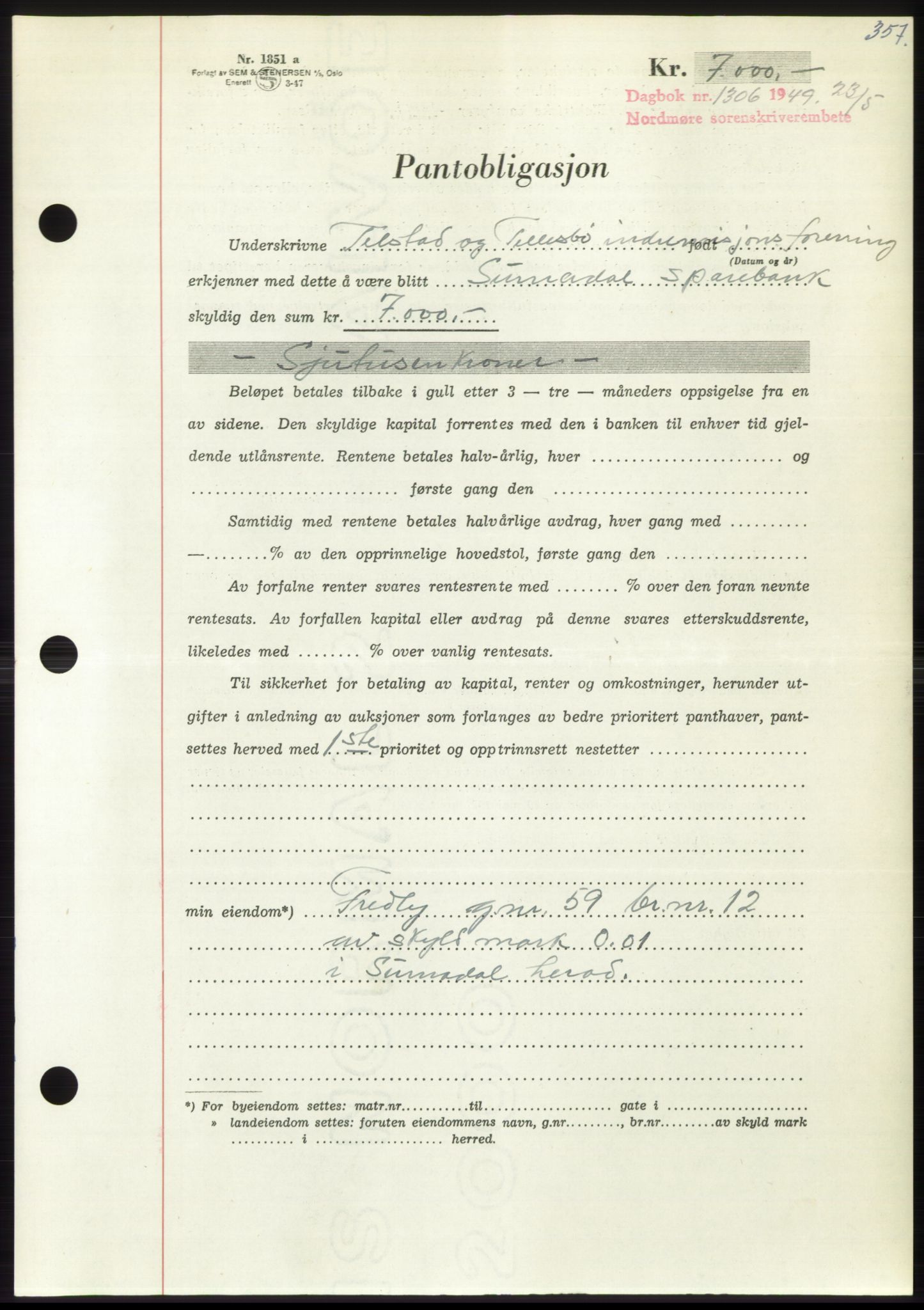 Nordmøre sorenskriveri, AV/SAT-A-4132/1/2/2Ca: Mortgage book no. B101, 1949-1949, Diary no: : 1306/1949