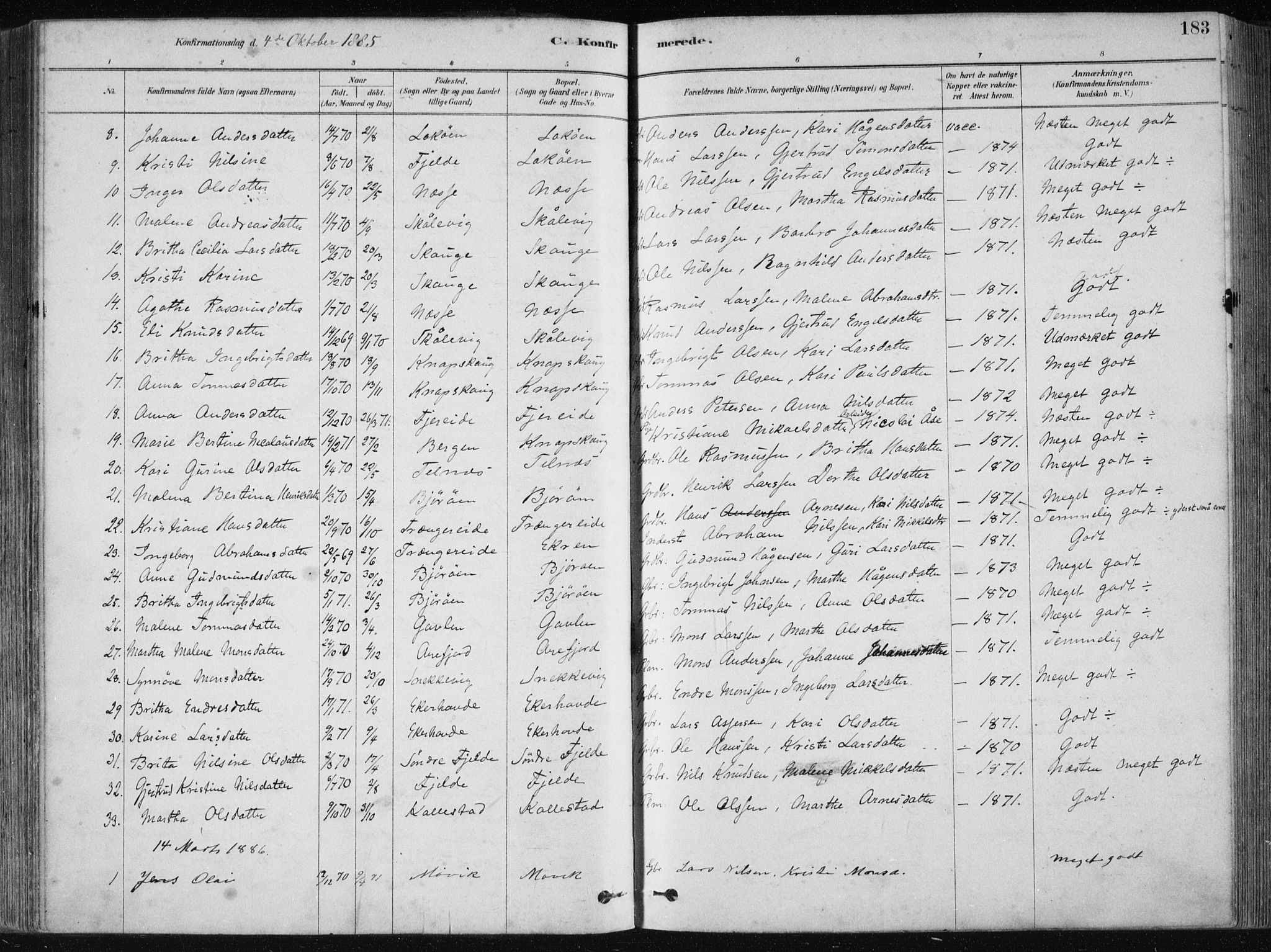 Fjell sokneprestembete, AV/SAB-A-75301/H/Haa: Parish register (official) no. A  8, 1878-1898, p. 183