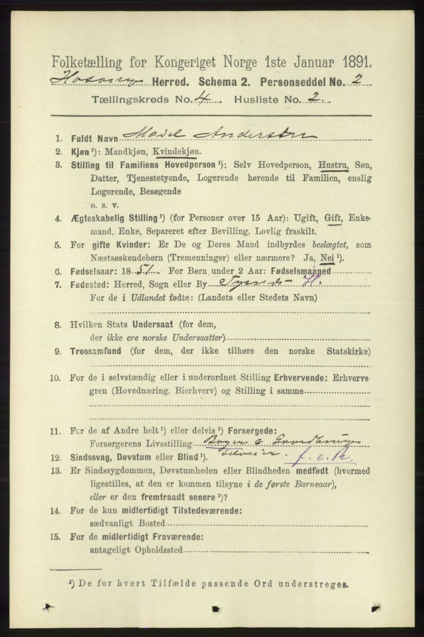 RA, 1891 census for 1253 Hosanger, 1891, p. 1446