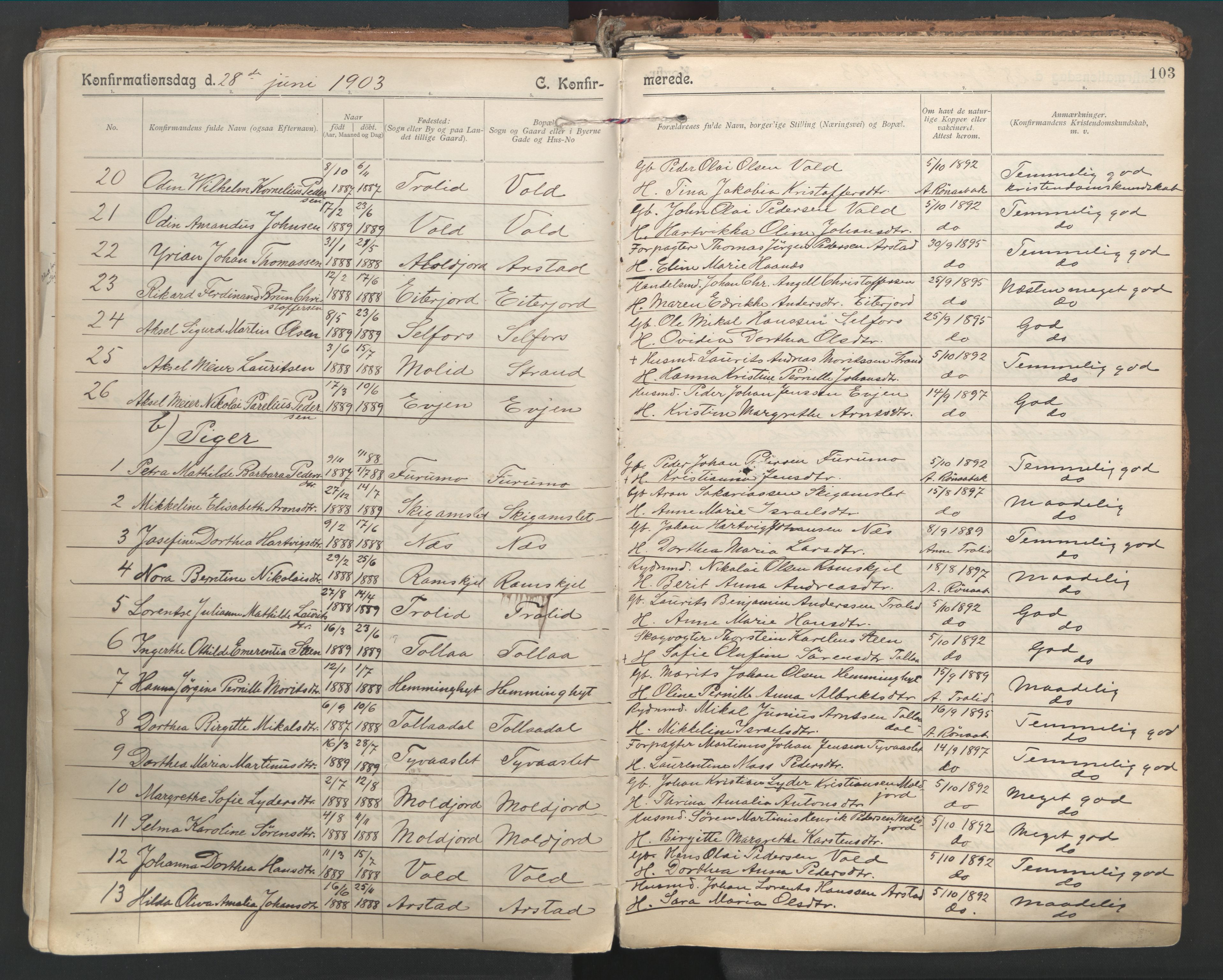 Ministerialprotokoller, klokkerbøker og fødselsregistre - Nordland, SAT/A-1459/846/L0647: Parish register (official) no. 846A05, 1902-1915, p. 103