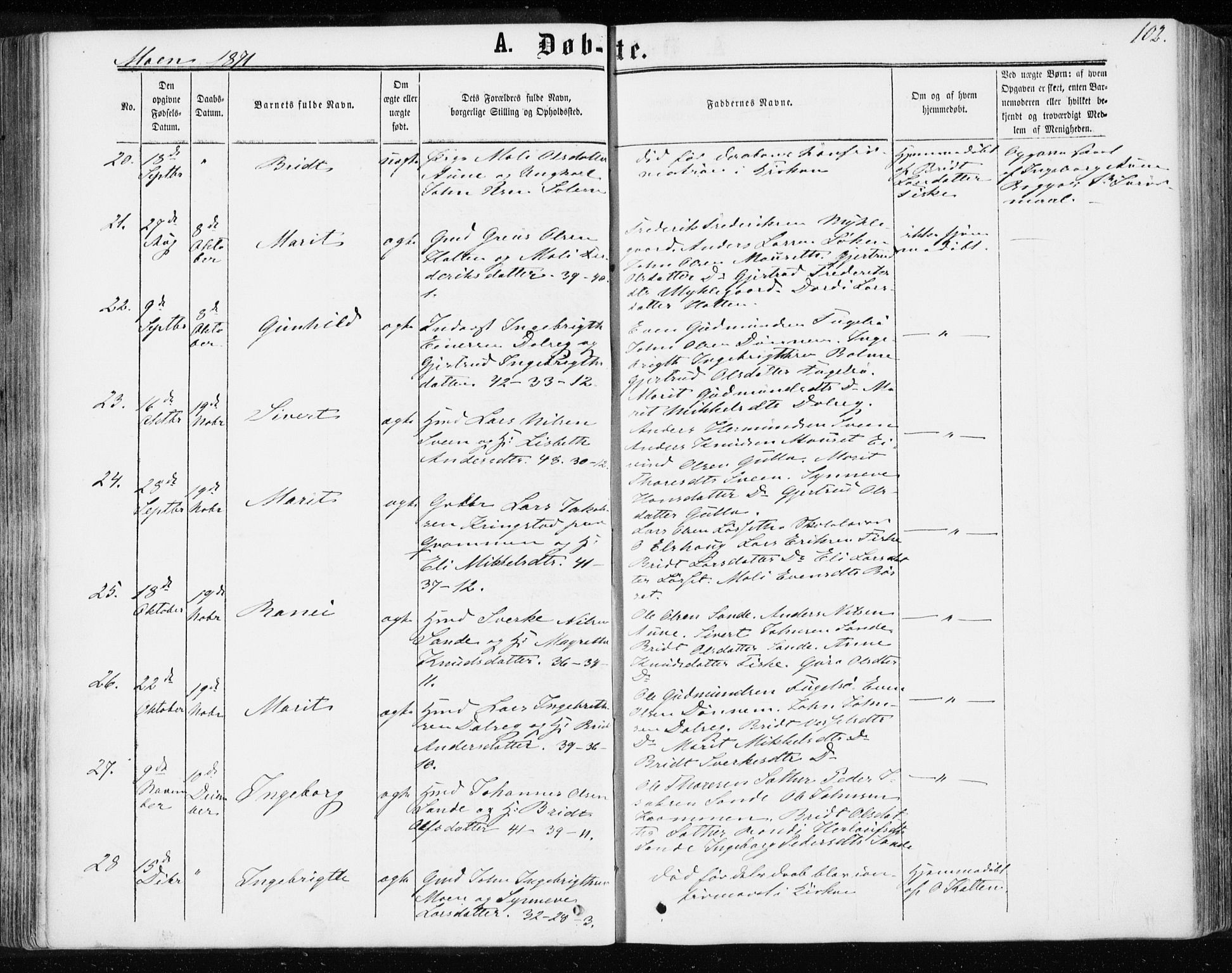 Ministerialprotokoller, klokkerbøker og fødselsregistre - Møre og Romsdal, SAT/A-1454/595/L1045: Parish register (official) no. 595A07, 1863-1873, p. 102