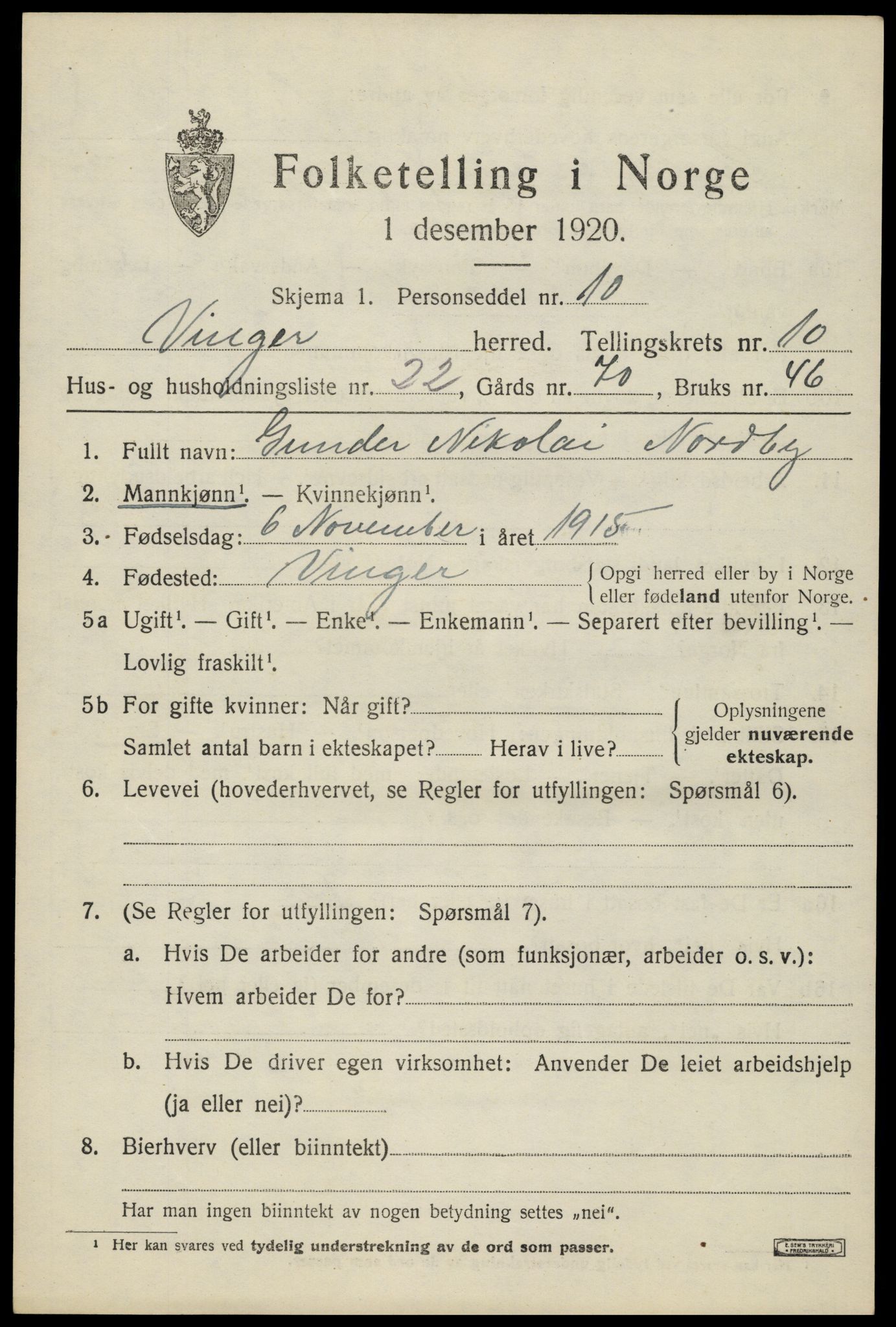 SAH, 1920 census for Vinger, 1920, p. 8792