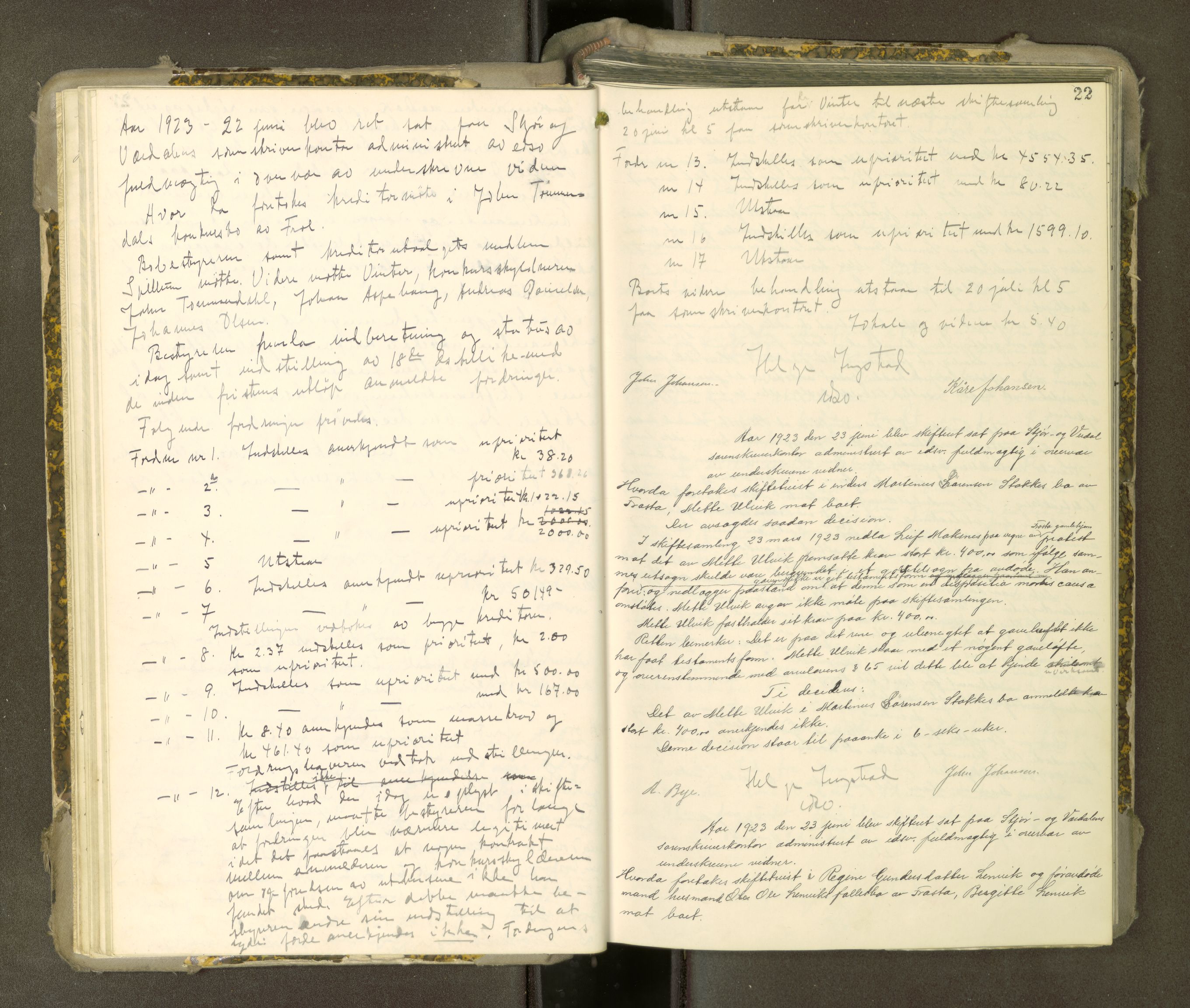 Stjør- og Verdal sorenskriveri, AV/SAT-A-4167/1/3/3B/L0014: Skifteforhandlingsprotokoll, 1922-1926, p. 22