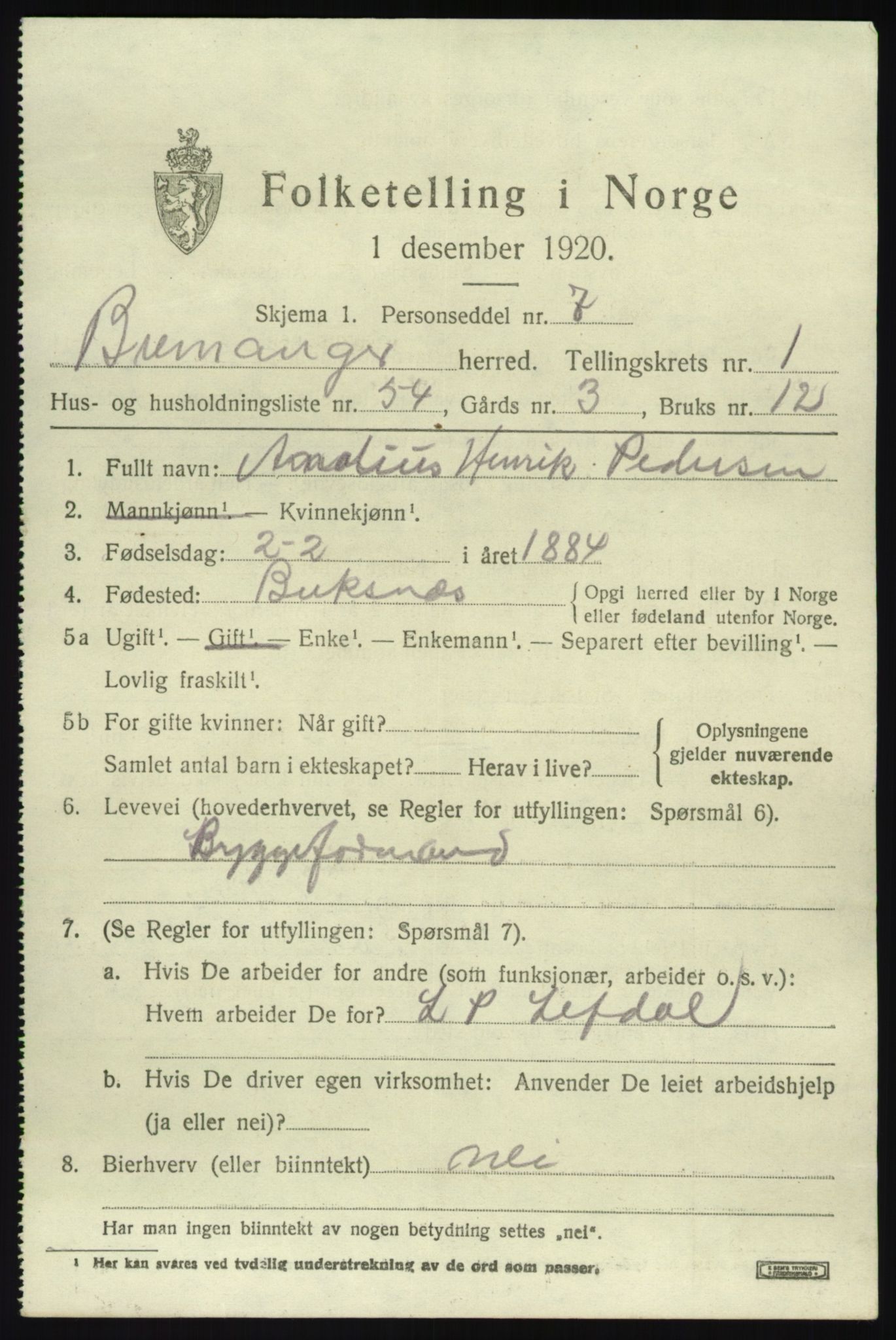 SAB, 1920 census for Bremanger, 1920, p. 1602