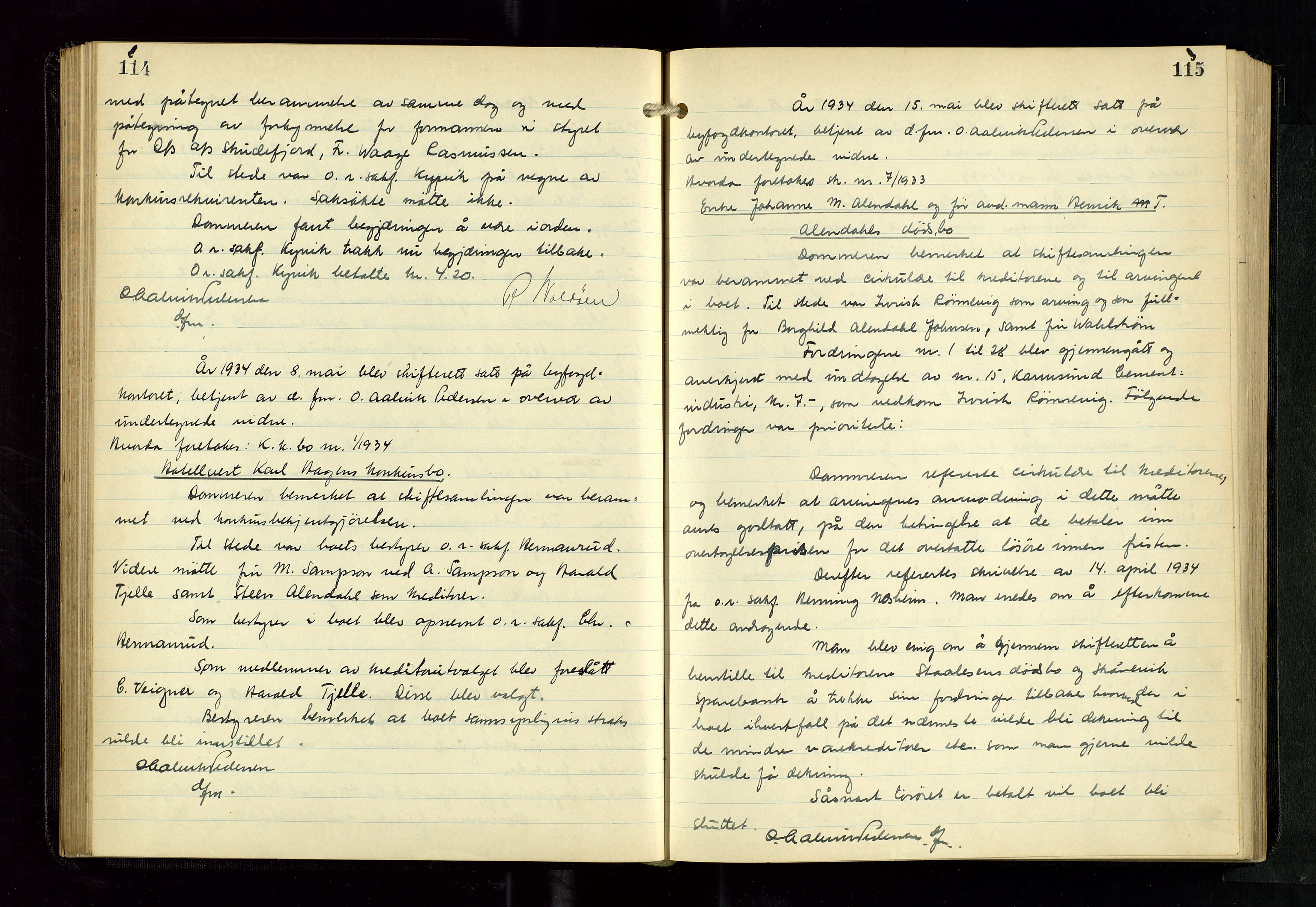 Haugesund tingrett, AV/SAST-A-101415/01/IV/IVC/L0007: Skifteforhandlingsprotokoll, med register, 1933-1939, p. 114-115