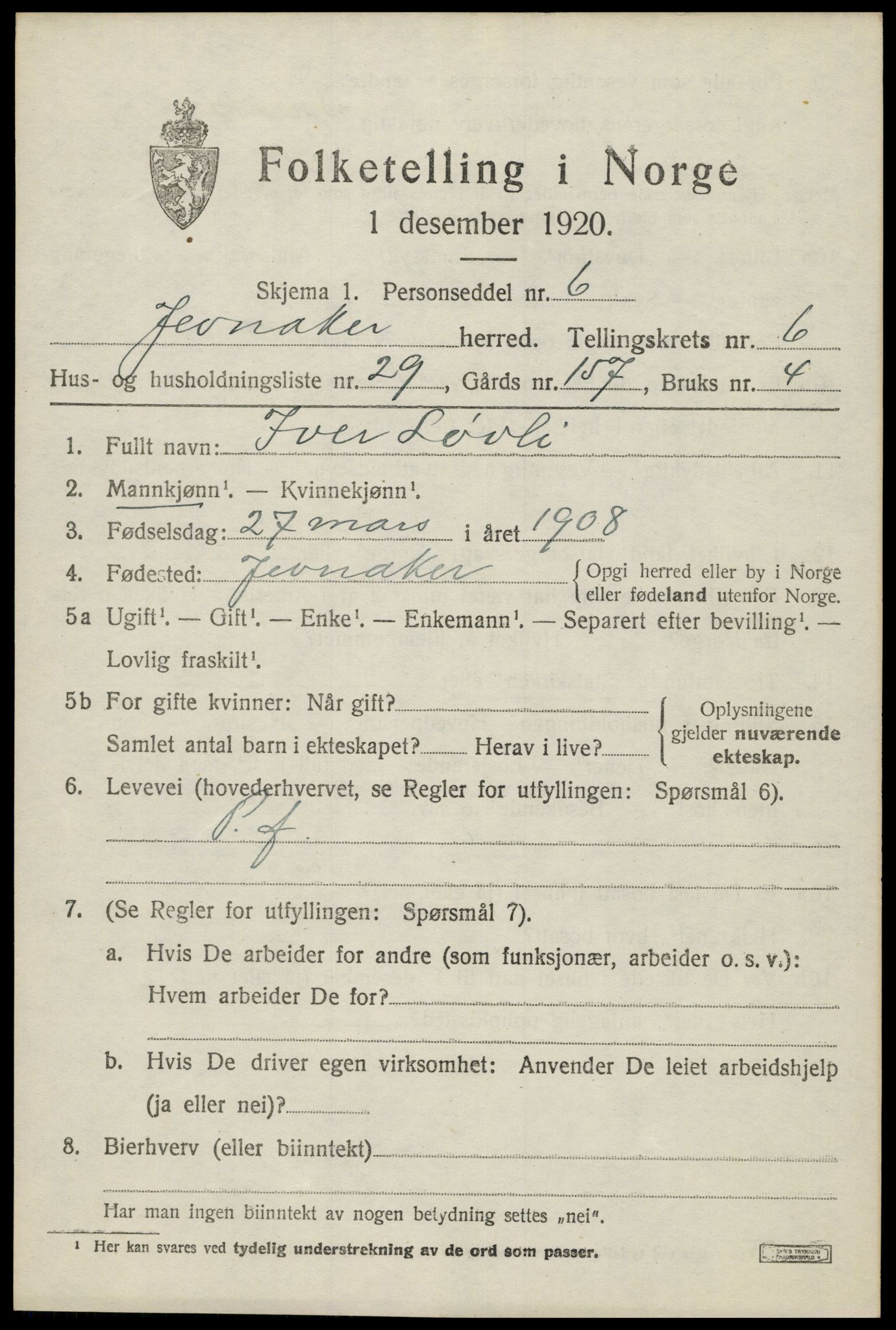 SAH, 1920 census for Jevnaker, 1920, p. 9151