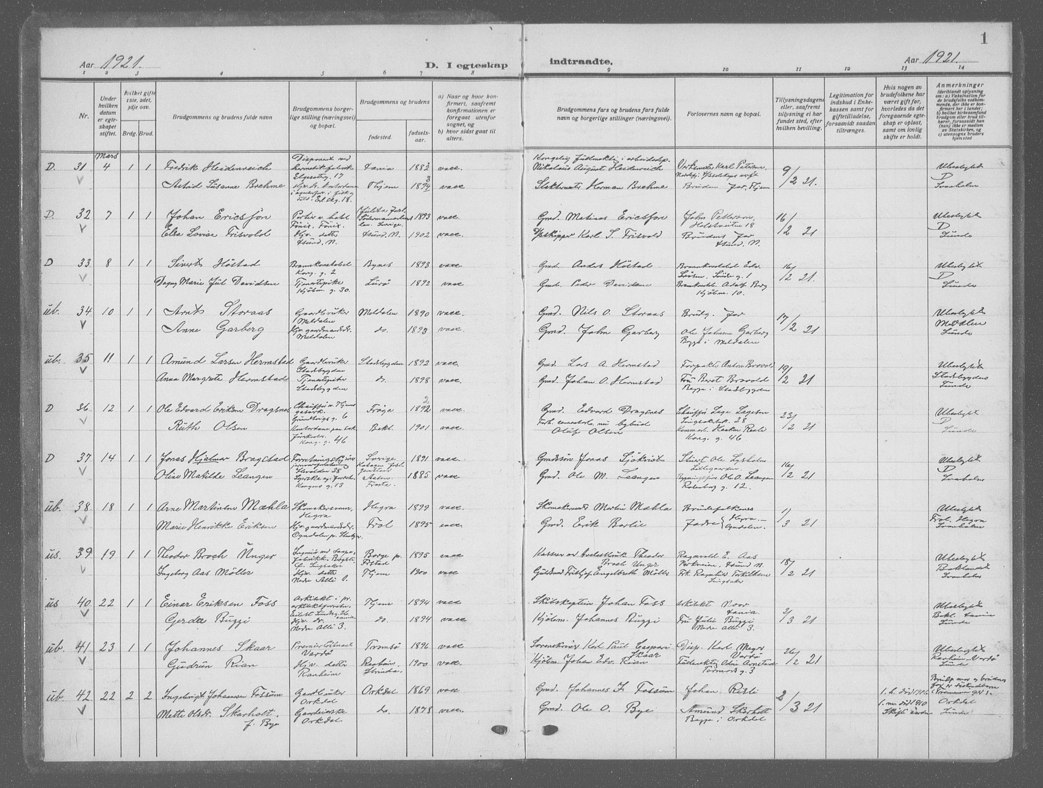 Ministerialprotokoller, klokkerbøker og fødselsregistre - Sør-Trøndelag, AV/SAT-A-1456/601/L0098: Parish register (copy) no. 601C16, 1921-1934, p. 1