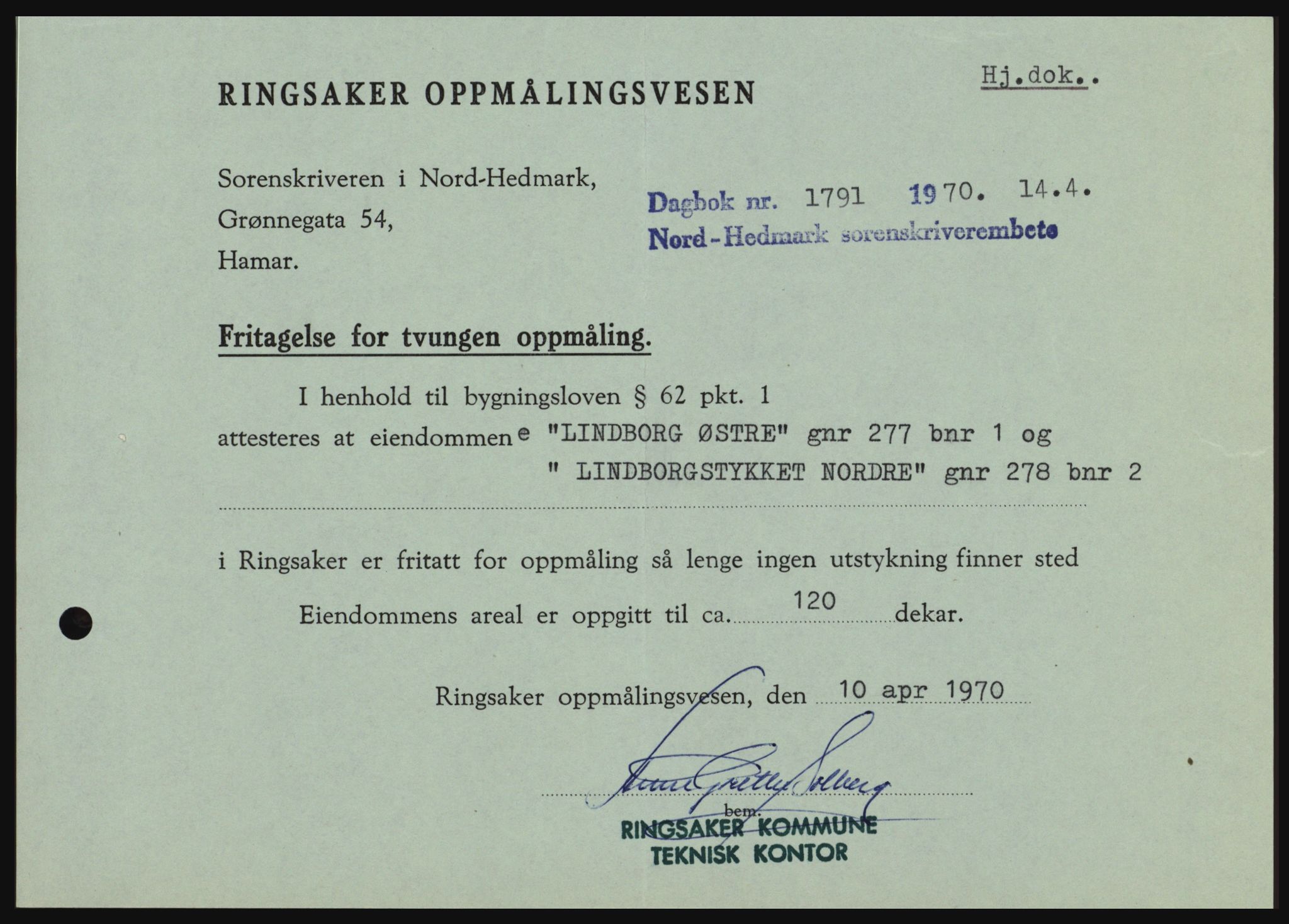 Nord-Hedmark sorenskriveri, SAH/TING-012/H/Hc/L0033: Mortgage book no. 33, 1970-1970, Diary no: : 1791/1970