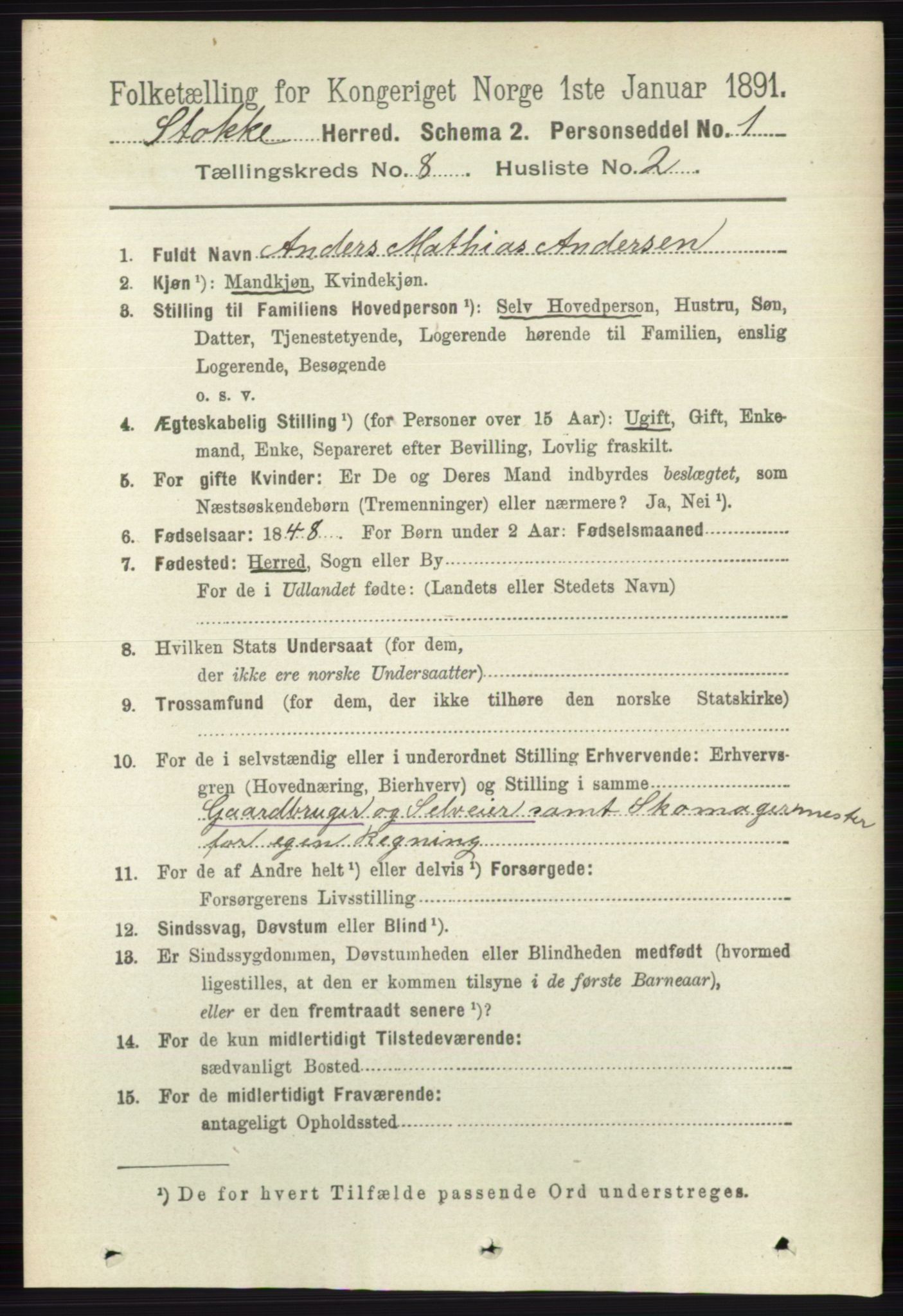 RA, 1891 census for 0720 Stokke, 1891, p. 5077