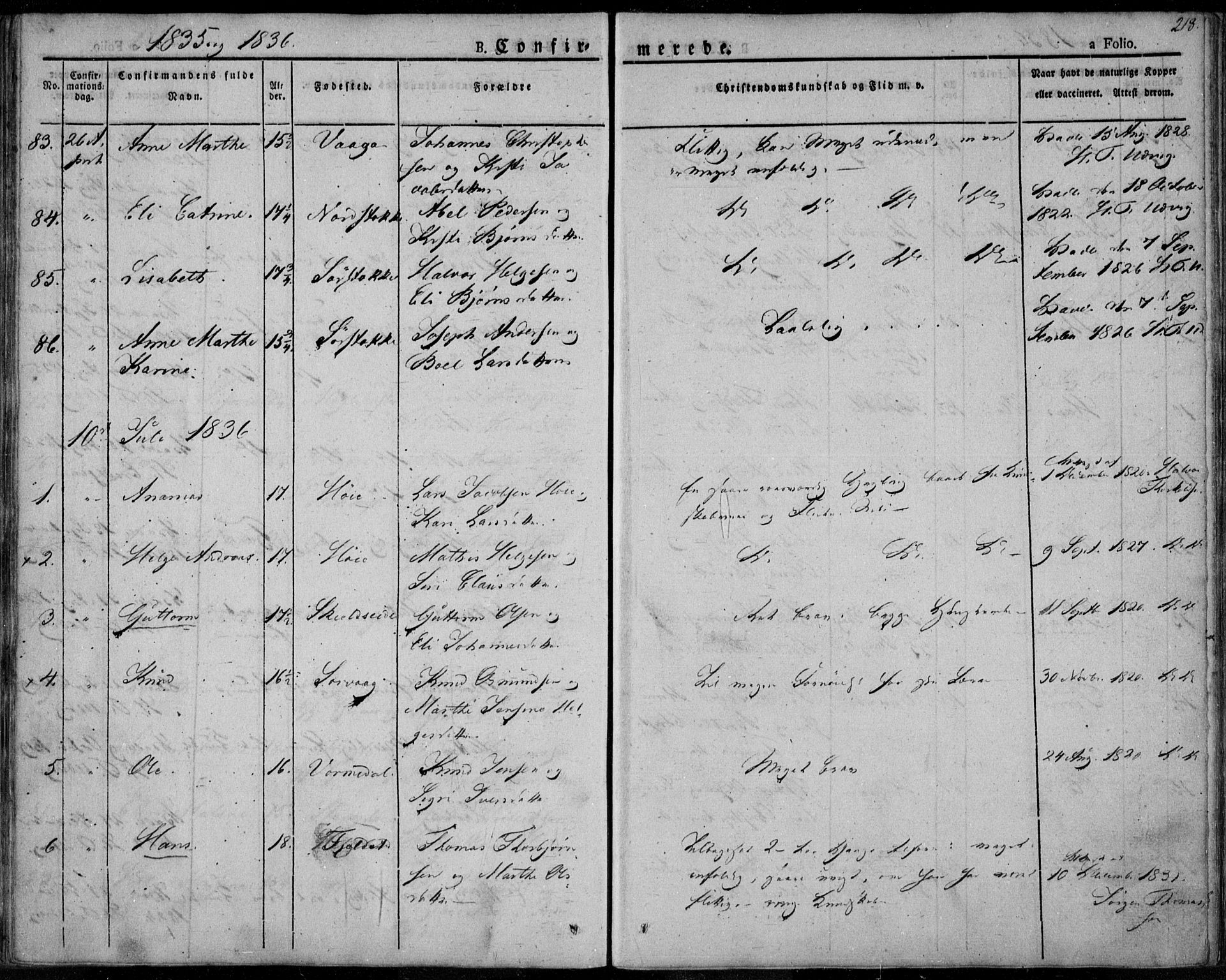 Avaldsnes sokneprestkontor, SAST/A -101851/H/Ha/Haa/L0005: Parish register (official) no. A 5.1, 1825-1841, p. 218