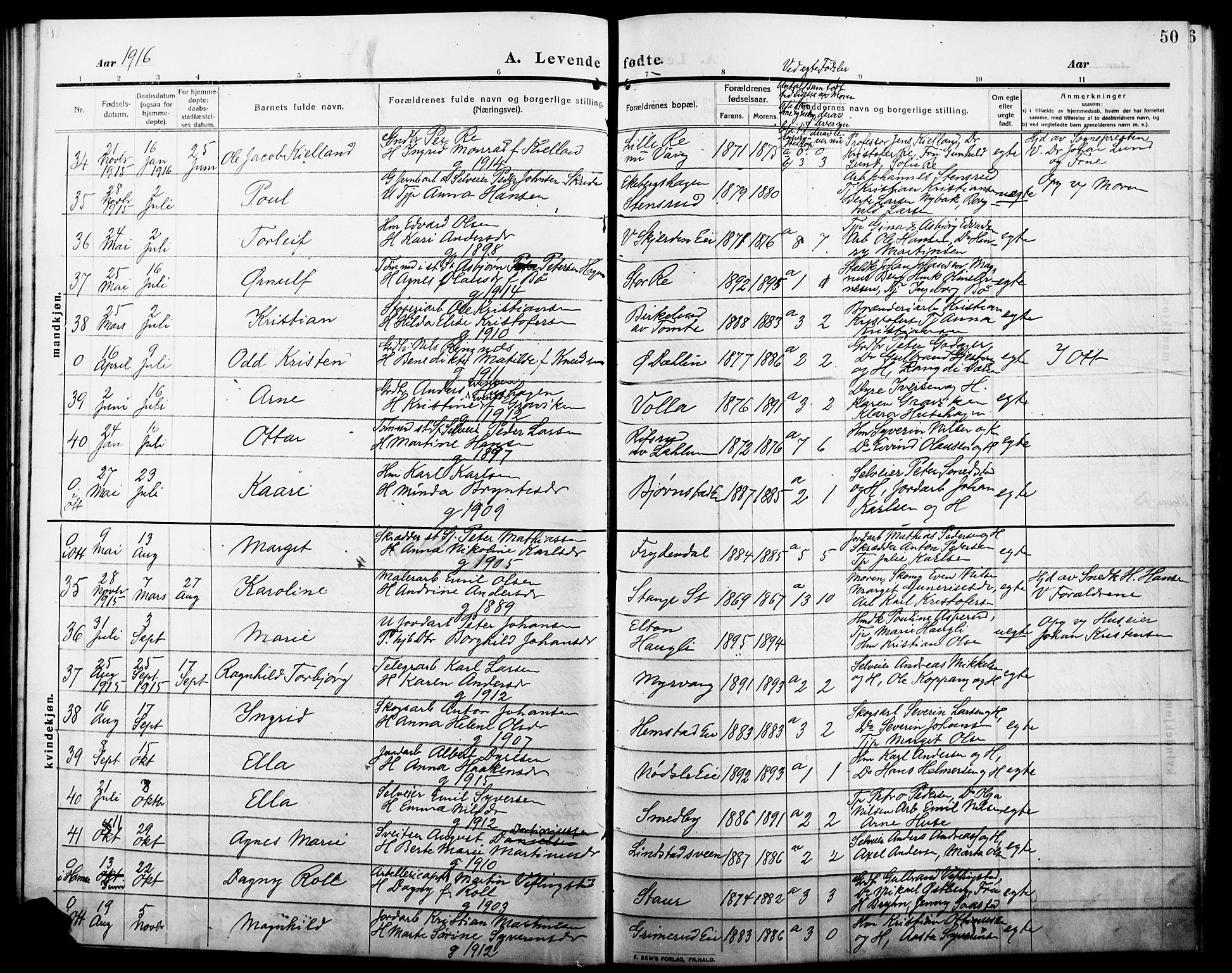 Stange prestekontor, AV/SAH-PREST-002/L/L0014: Parish register (copy) no. 14, 1909-1917, p. 50