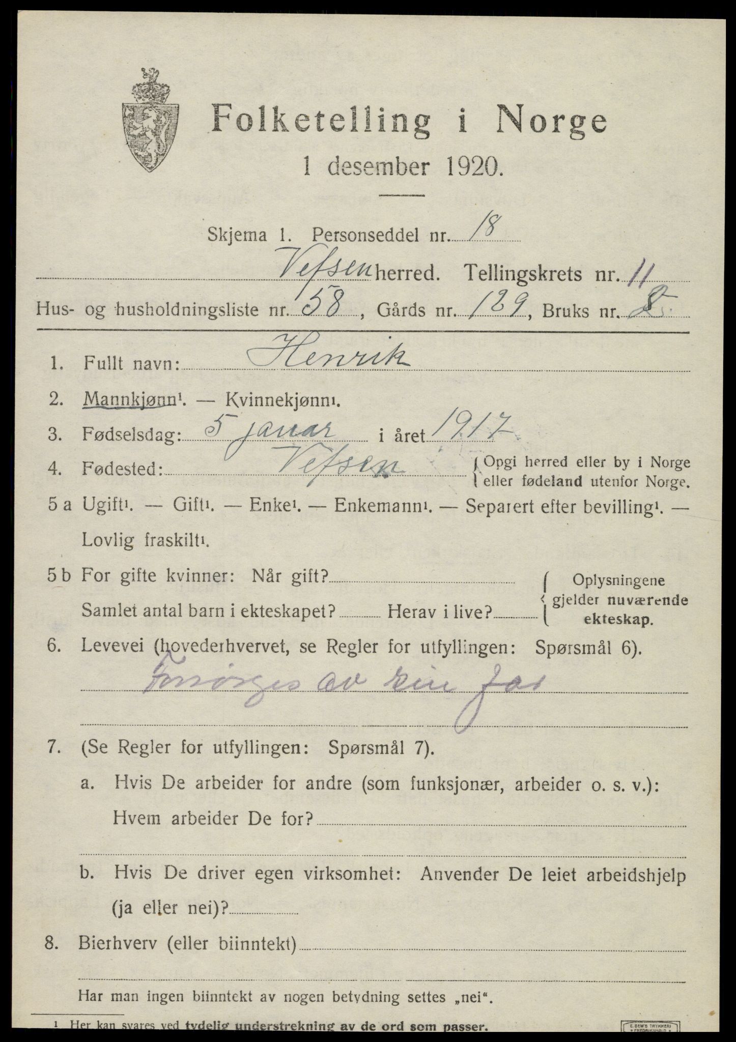 SAT, 1920 census for Vefsn, 1920, p. 9151