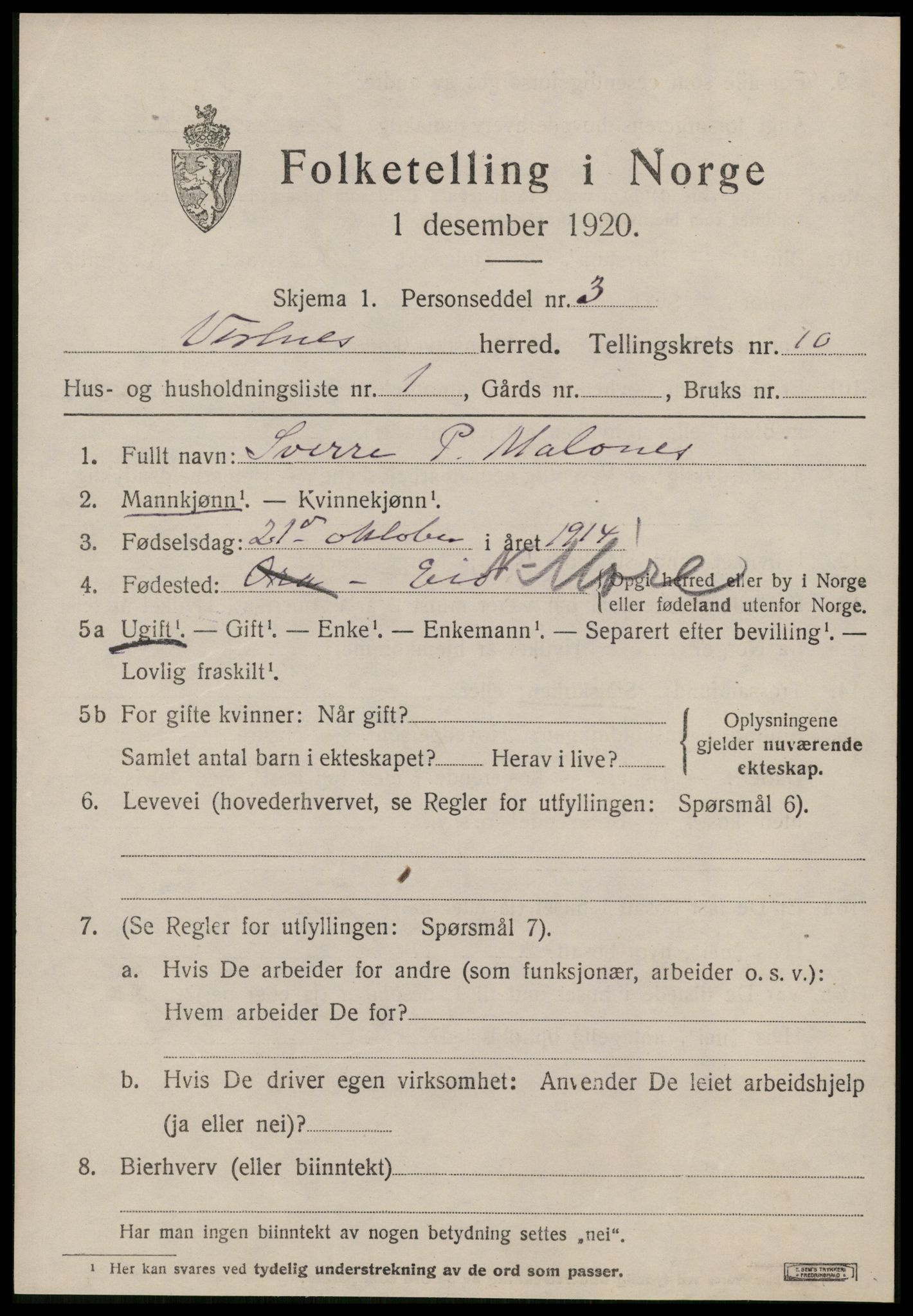 SAT, 1920 census for Vestnes, 1920, p. 6495