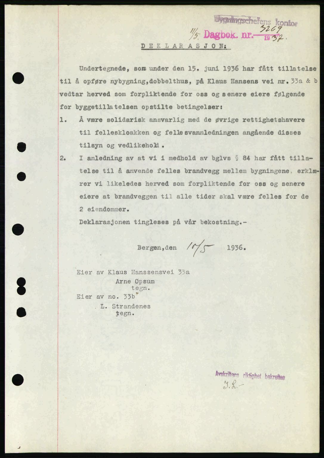 Byfogd og Byskriver i Bergen, AV/SAB-A-3401/03/03Bc/L0005: Mortgage book no. A4, 1937-1937, Diary no: : 3269/1937