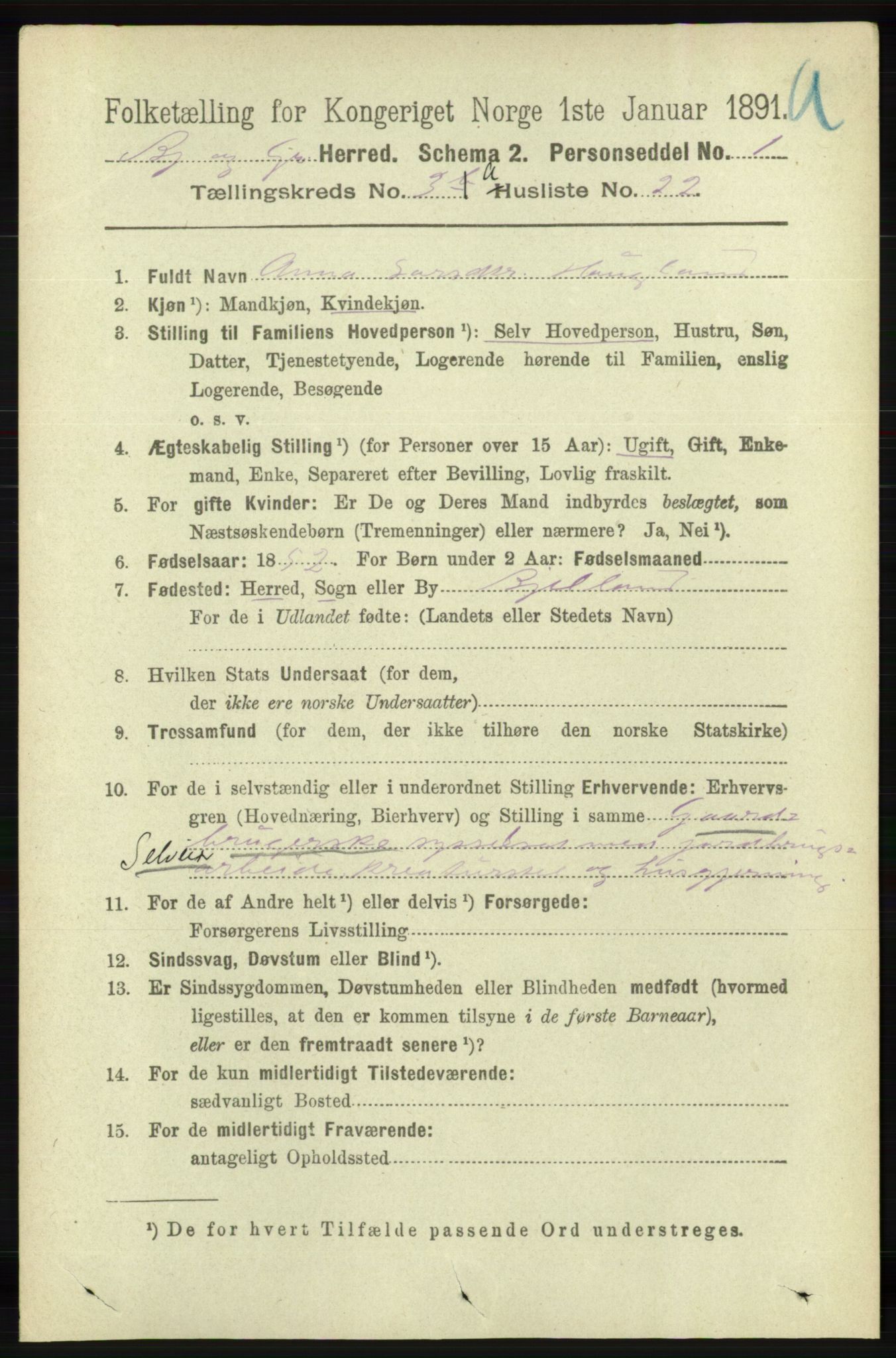 RA, 1891 census for 1024 Bjelland og Grindheim, 1891, p. 1577