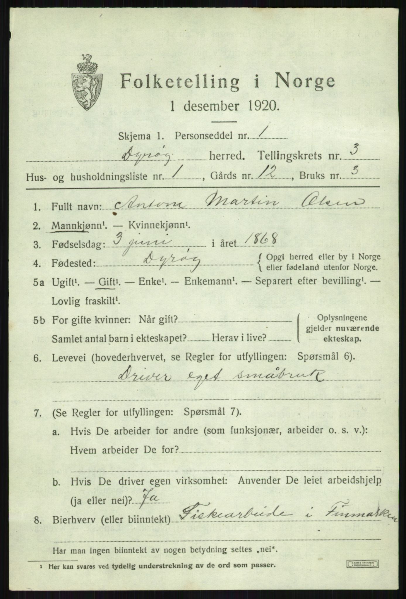 SATØ, 1920 census for Dyrøy, 1920, p. 1655