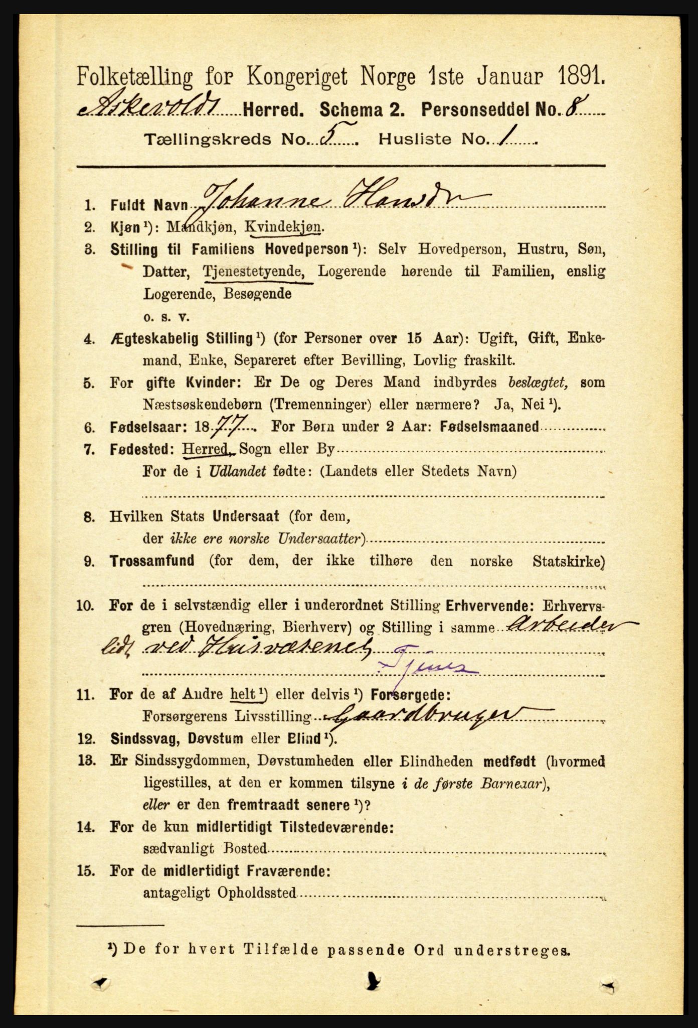 RA, 1891 census for 1428 Askvoll, 1891, p. 1522