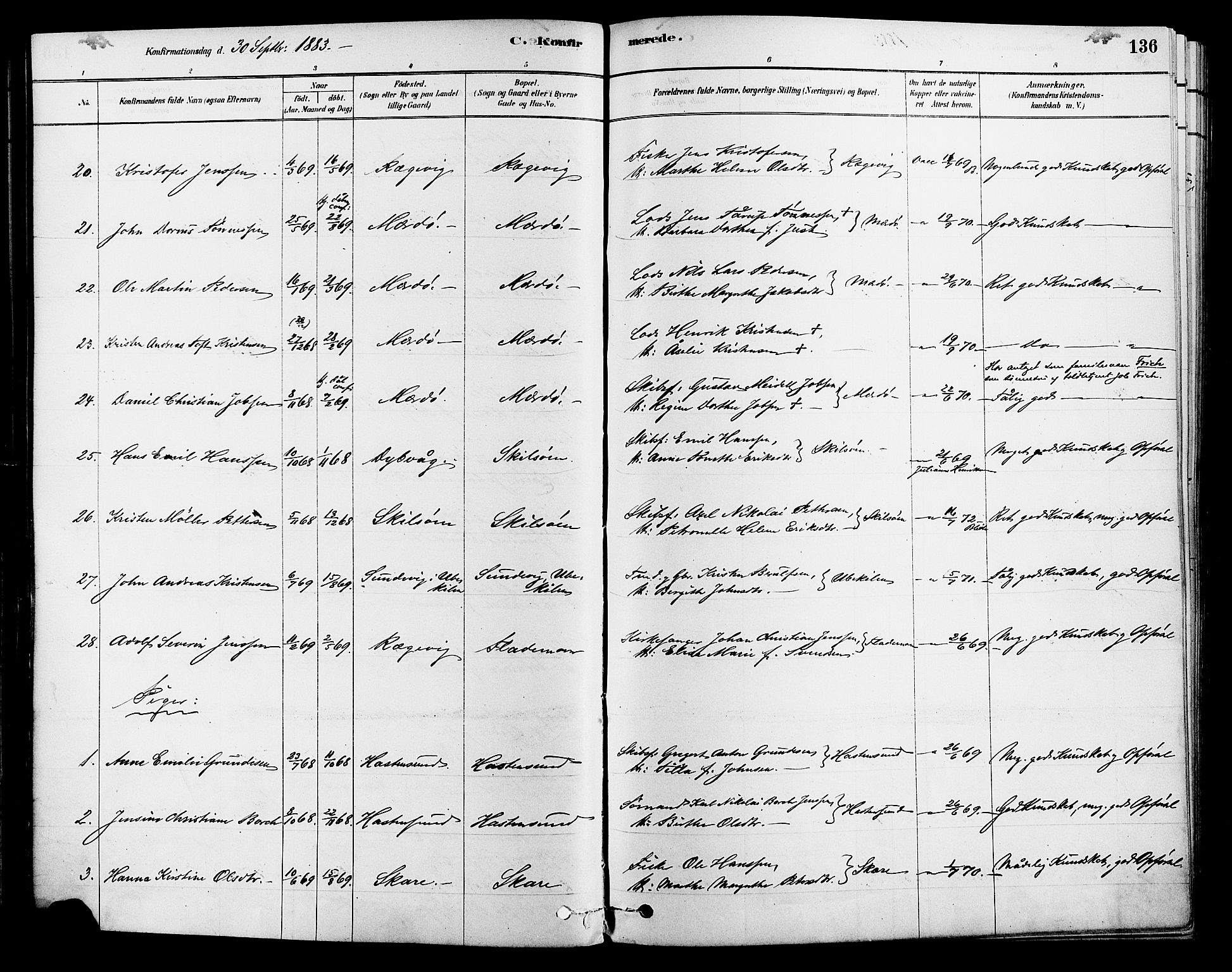 Tromøy sokneprestkontor, AV/SAK-1111-0041/F/Fa/L0009: Parish register (official) no. A 9, 1878-1896, p. 136