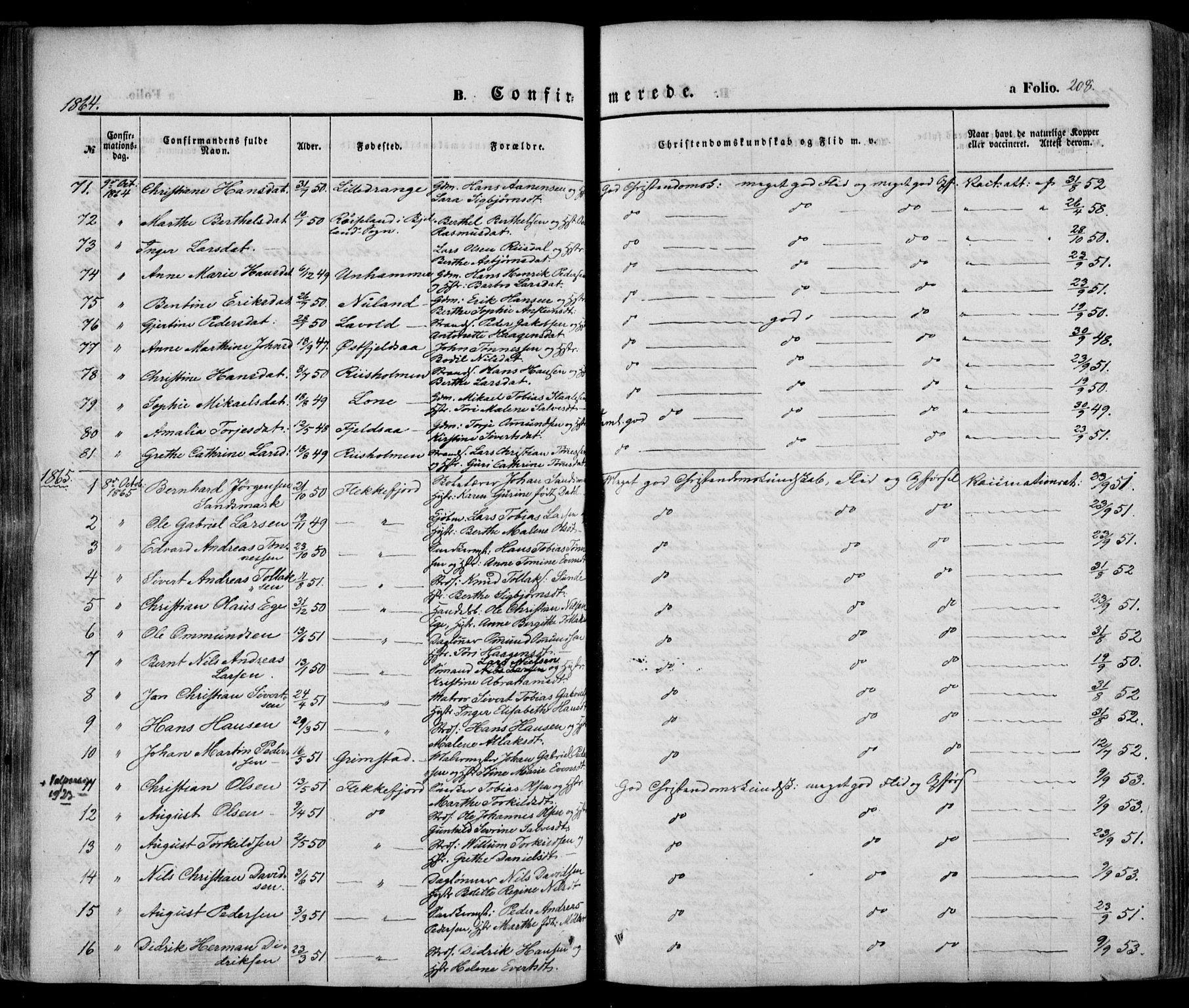 Flekkefjord sokneprestkontor, AV/SAK-1111-0012/F/Fa/Fac/L0005: Parish register (official) no. A 5, 1849-1875, p. 208