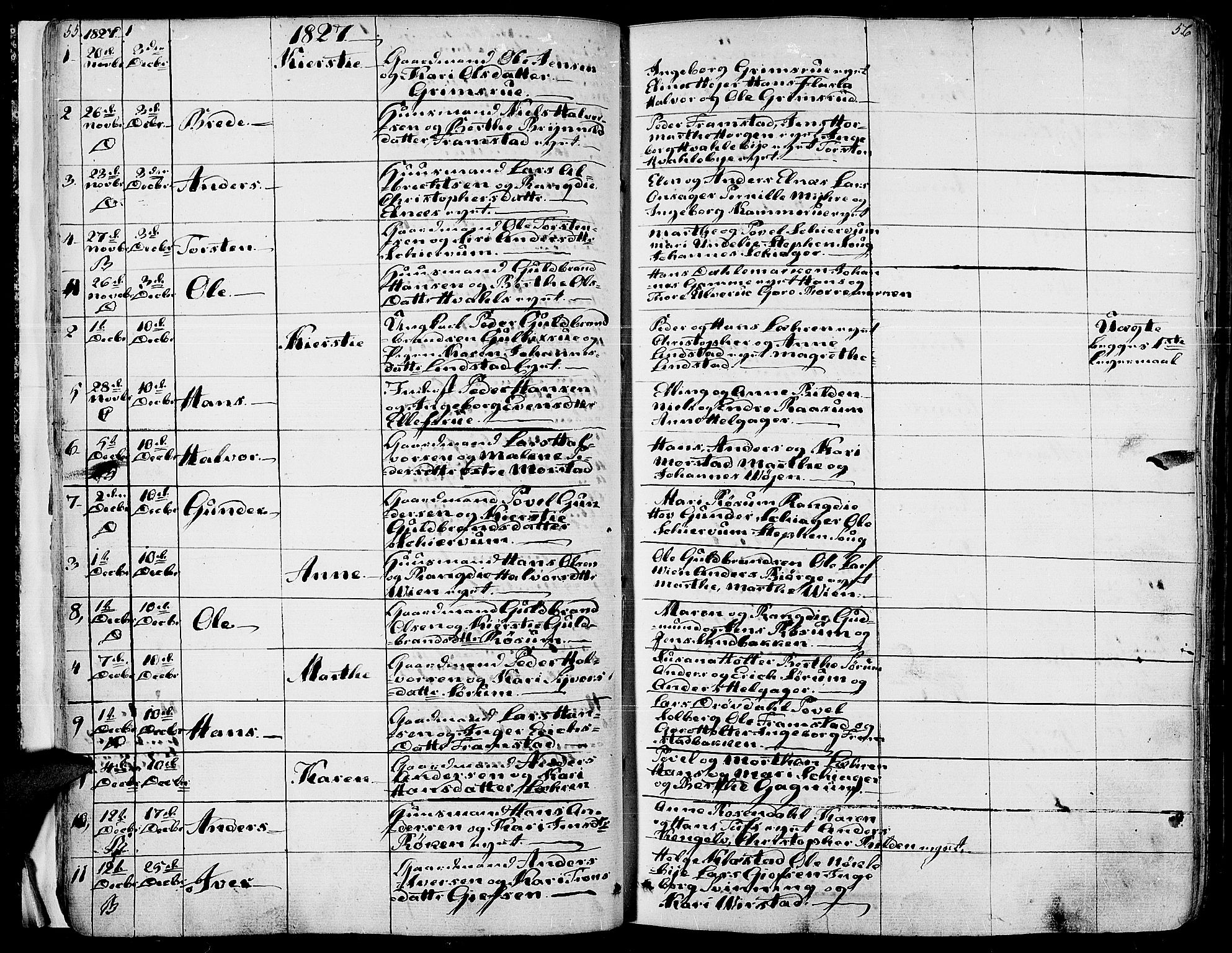 Gran prestekontor, SAH/PREST-112/H/Ha/Haa/L0010: Parish register (official) no. 10, 1824-1842, p. 55-56