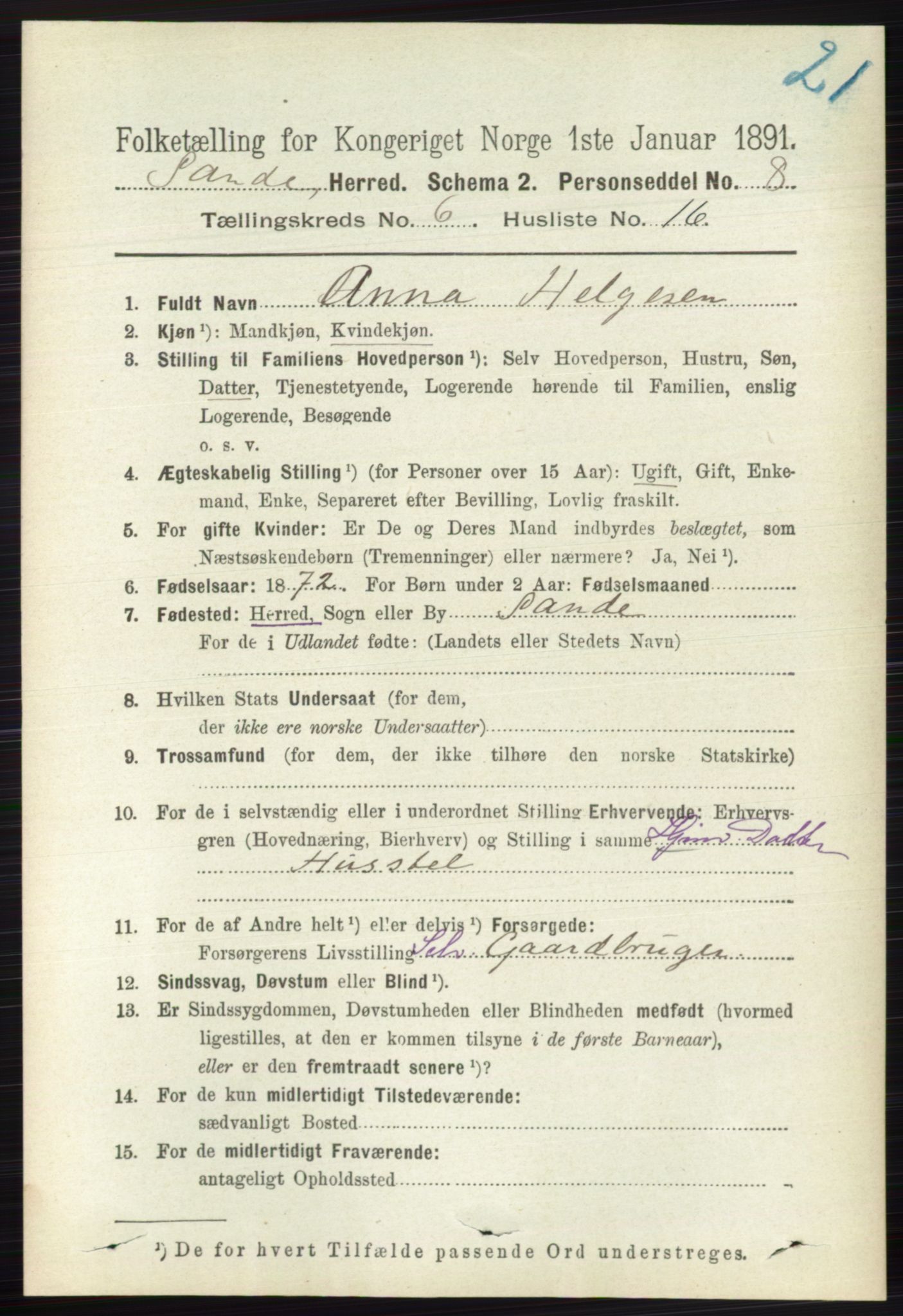 RA, 1891 census for 0713 Sande, 1891, p. 2786