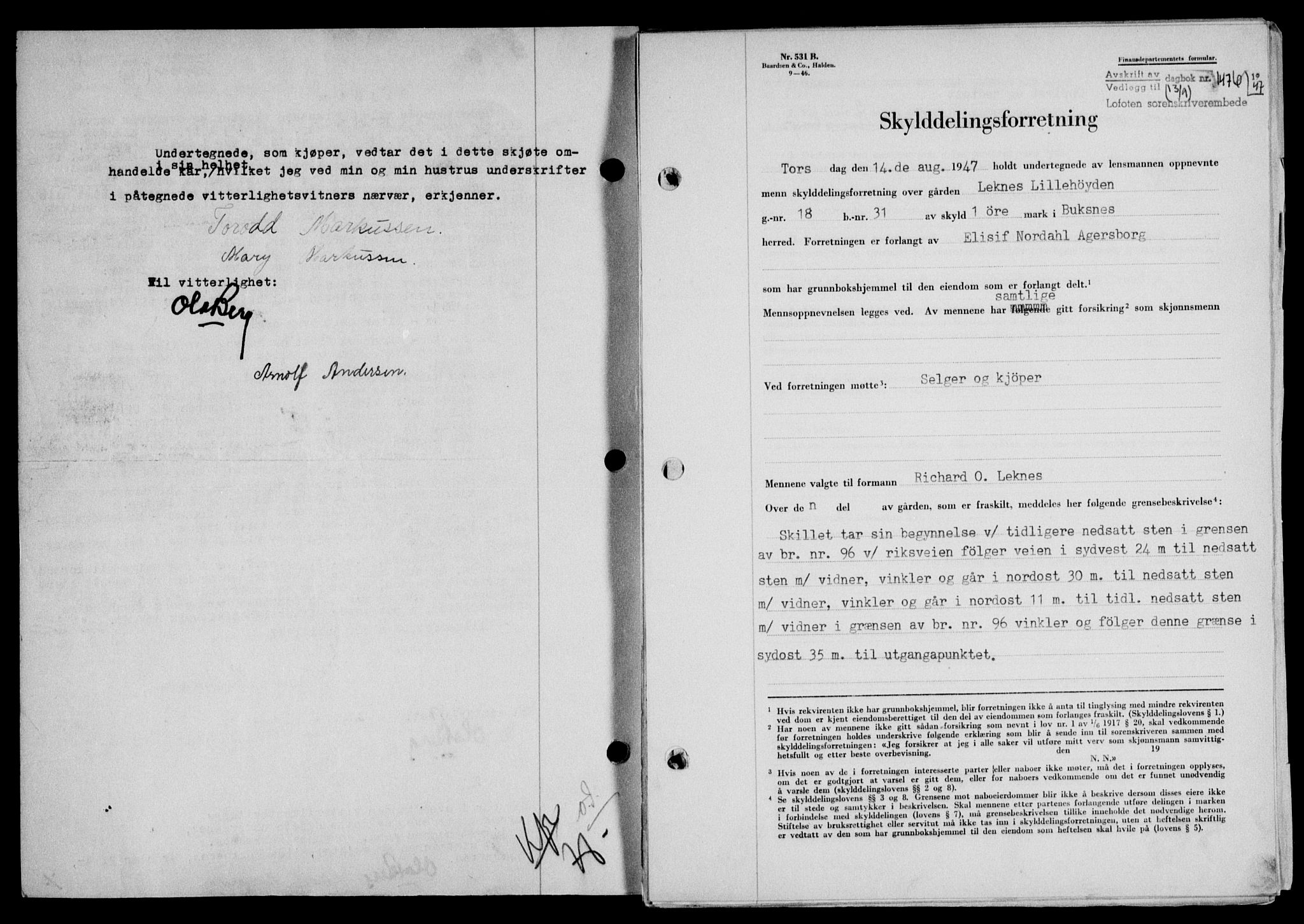 Lofoten sorenskriveri, SAT/A-0017/1/2/2C/L0016a: Mortgage book no. 16a, 1947-1947, Diary no: : 1476/1947