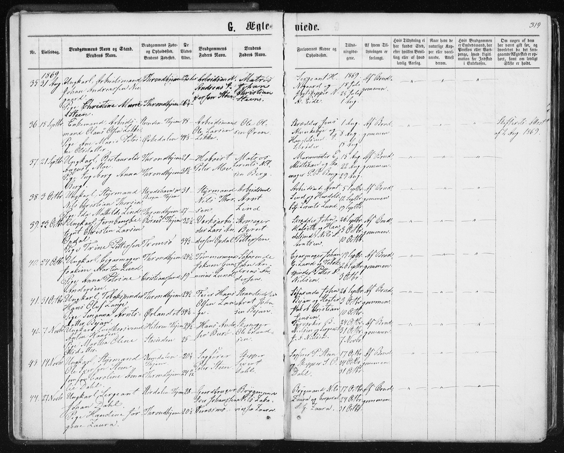 Ministerialprotokoller, klokkerbøker og fødselsregistre - Sør-Trøndelag, SAT/A-1456/601/L0055: Parish register (official) no. 601A23, 1866-1877, p. 319