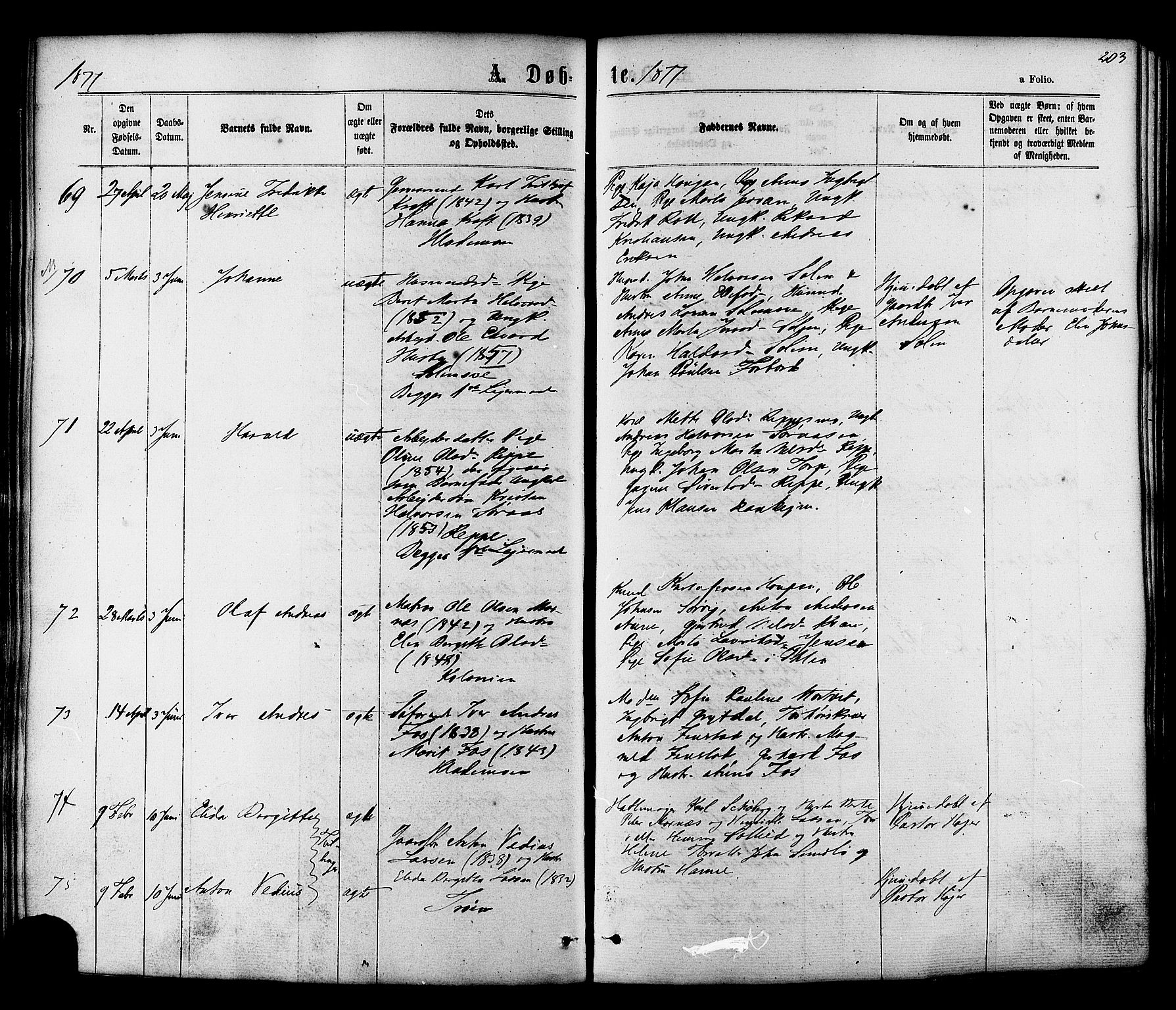 Ministerialprotokoller, klokkerbøker og fødselsregistre - Sør-Trøndelag, AV/SAT-A-1456/606/L0293: Parish register (official) no. 606A08, 1866-1877, p. 203