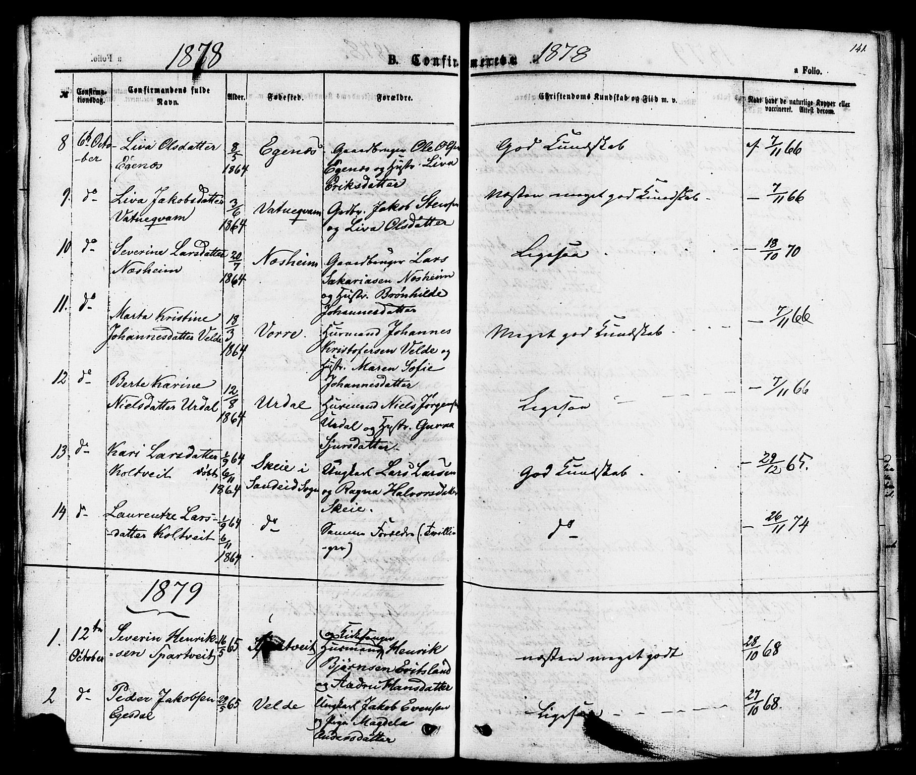 Skjold sokneprestkontor, AV/SAST-A-101847/H/Ha/Haa/L0007: Parish register (official) no. A 7, 1857-1882, p. 141