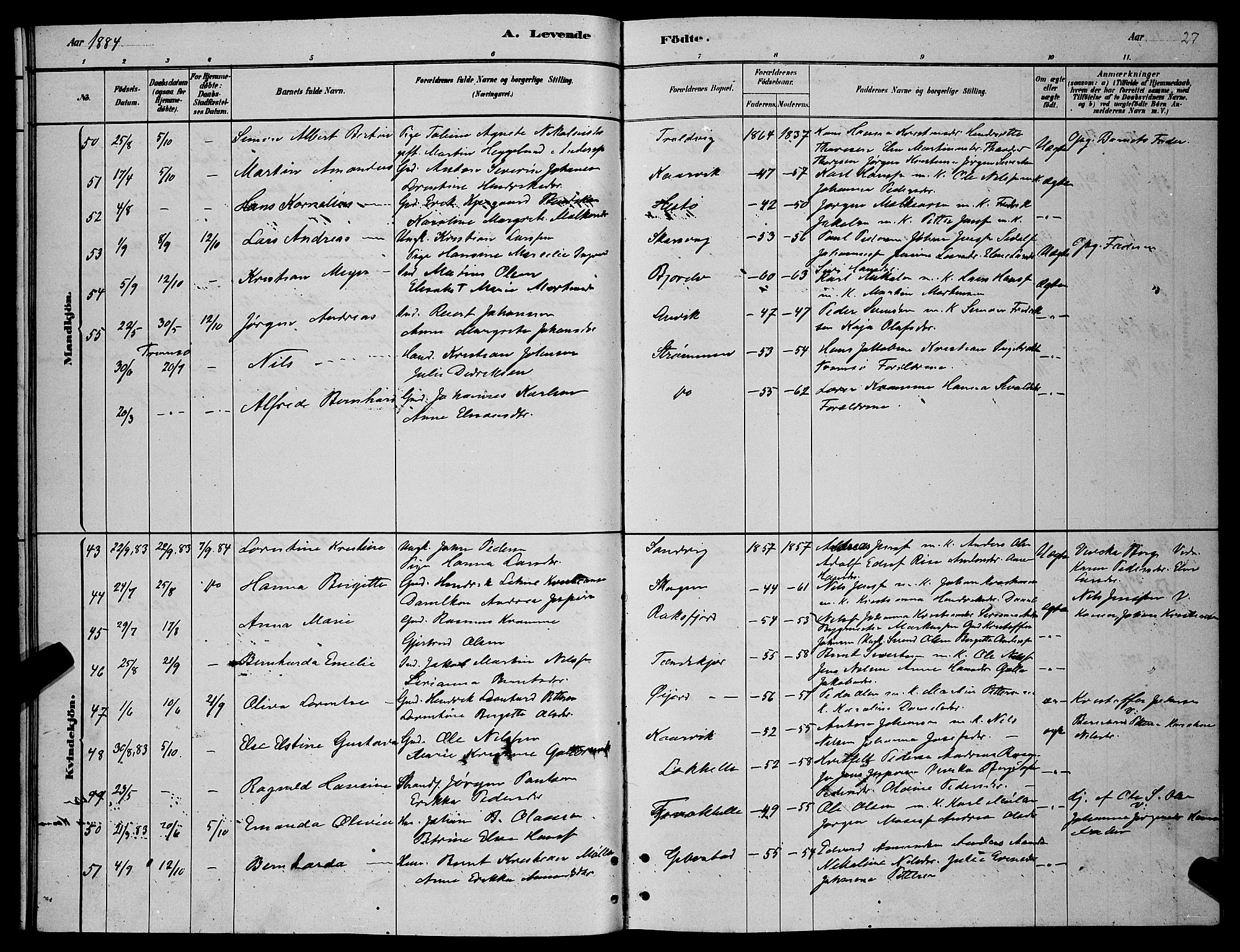 Lenvik sokneprestembete, SATØ/S-1310/H/Ha/Hab/L0006klokker: Parish register (copy) no. 6, 1881-1889, p. 27