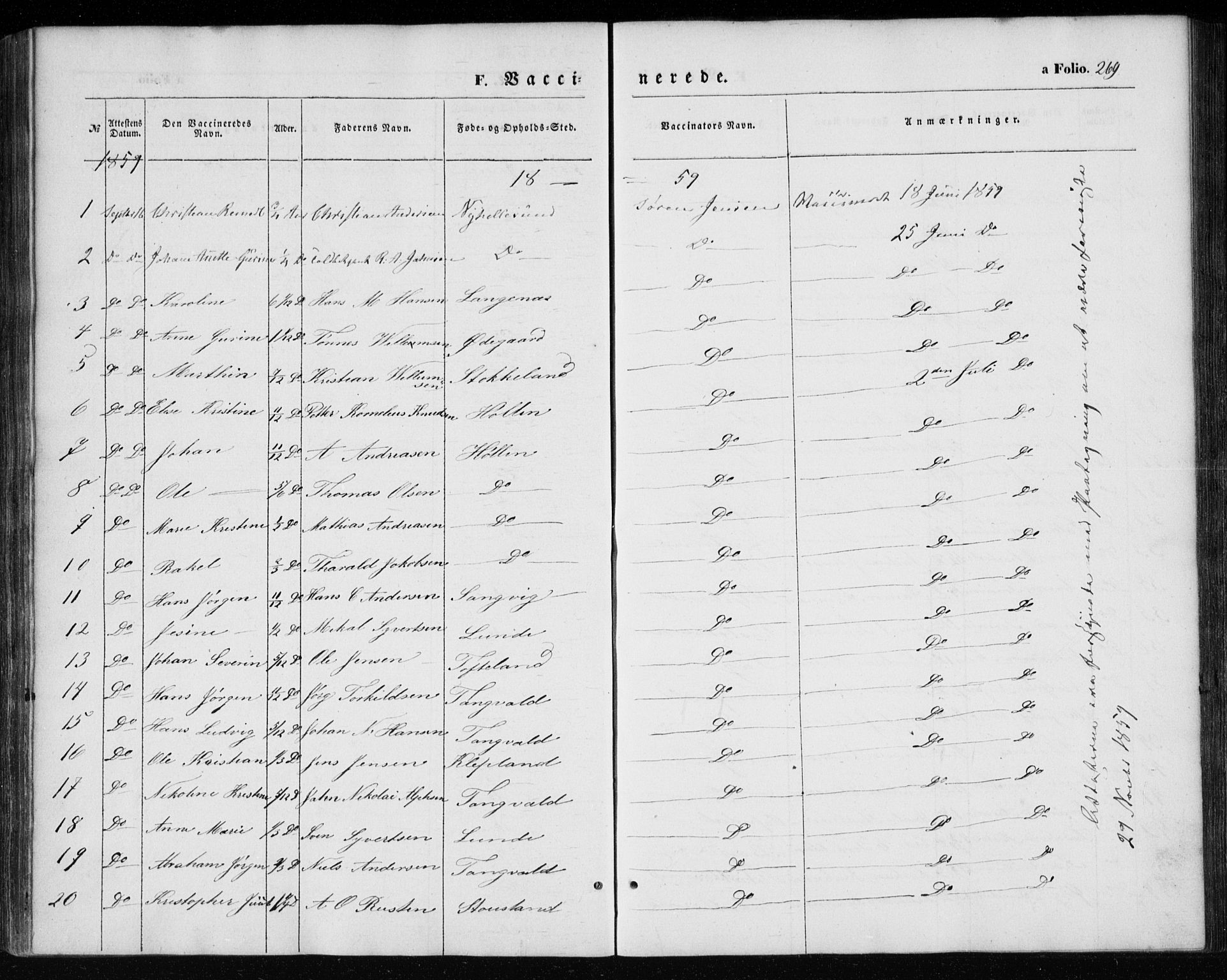 Søgne sokneprestkontor, AV/SAK-1111-0037/F/Fa/Fab/L0010: Parish register (official) no. A 10, 1853-1869, p. 269