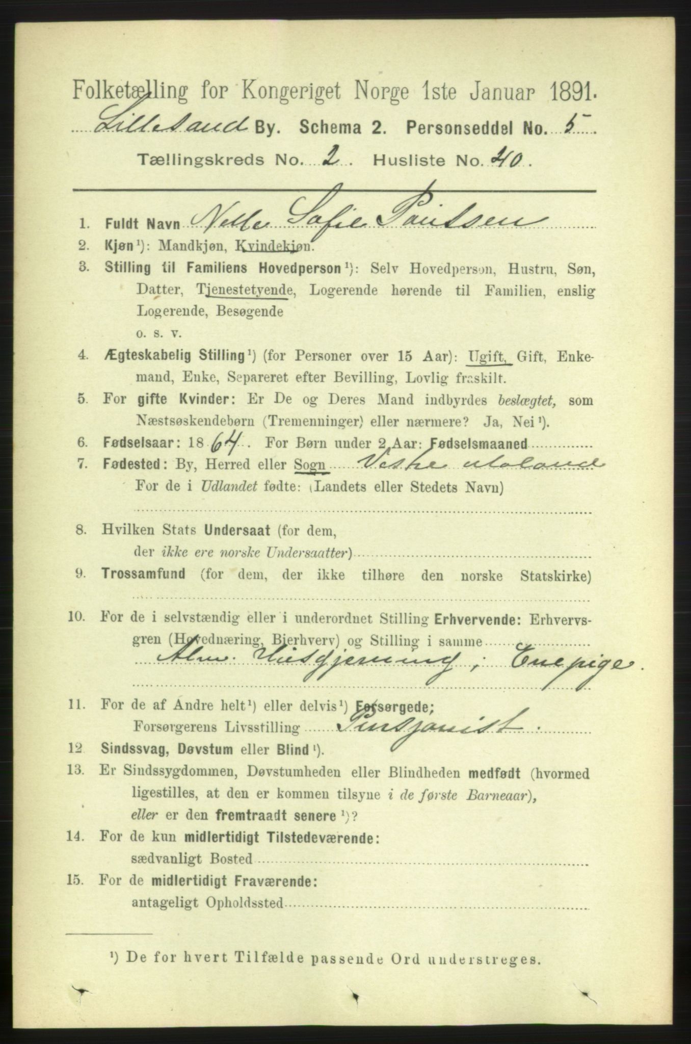 RA, 1891 census for 0905 Lillesand, 1891, p. 612