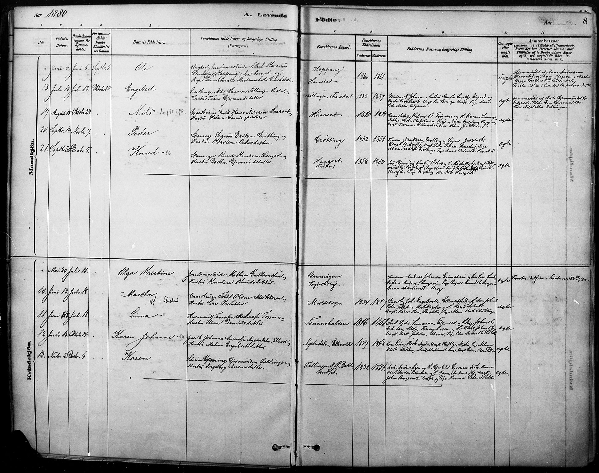 Rendalen prestekontor, AV/SAH-PREST-054/H/Ha/Haa/L0009: Parish register (official) no. 9, 1878-1901, p. 8