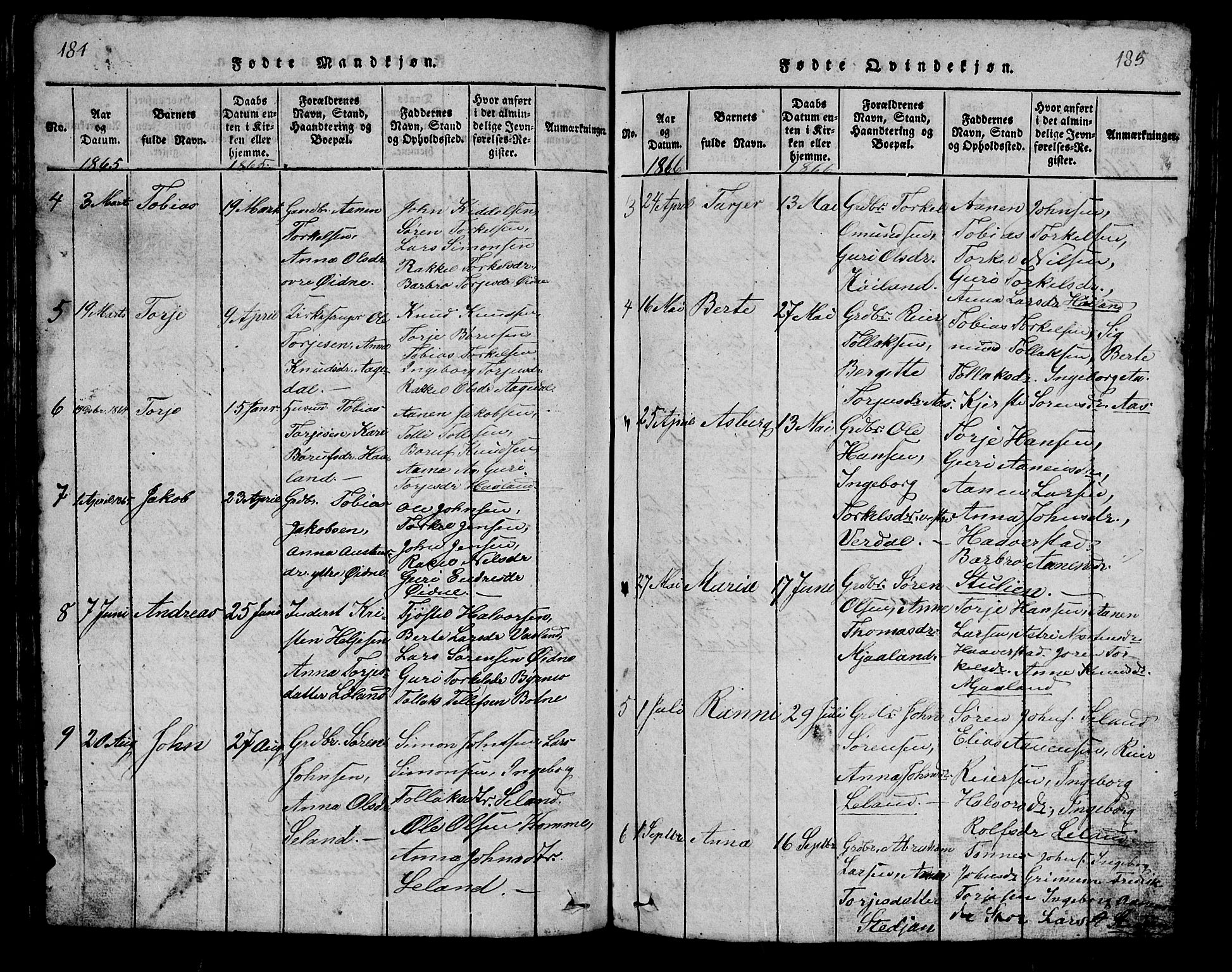 Bjelland sokneprestkontor, AV/SAK-1111-0005/F/Fb/Fbc/L0001: Parish register (copy) no. B 1, 1815-1870, p. 184-185