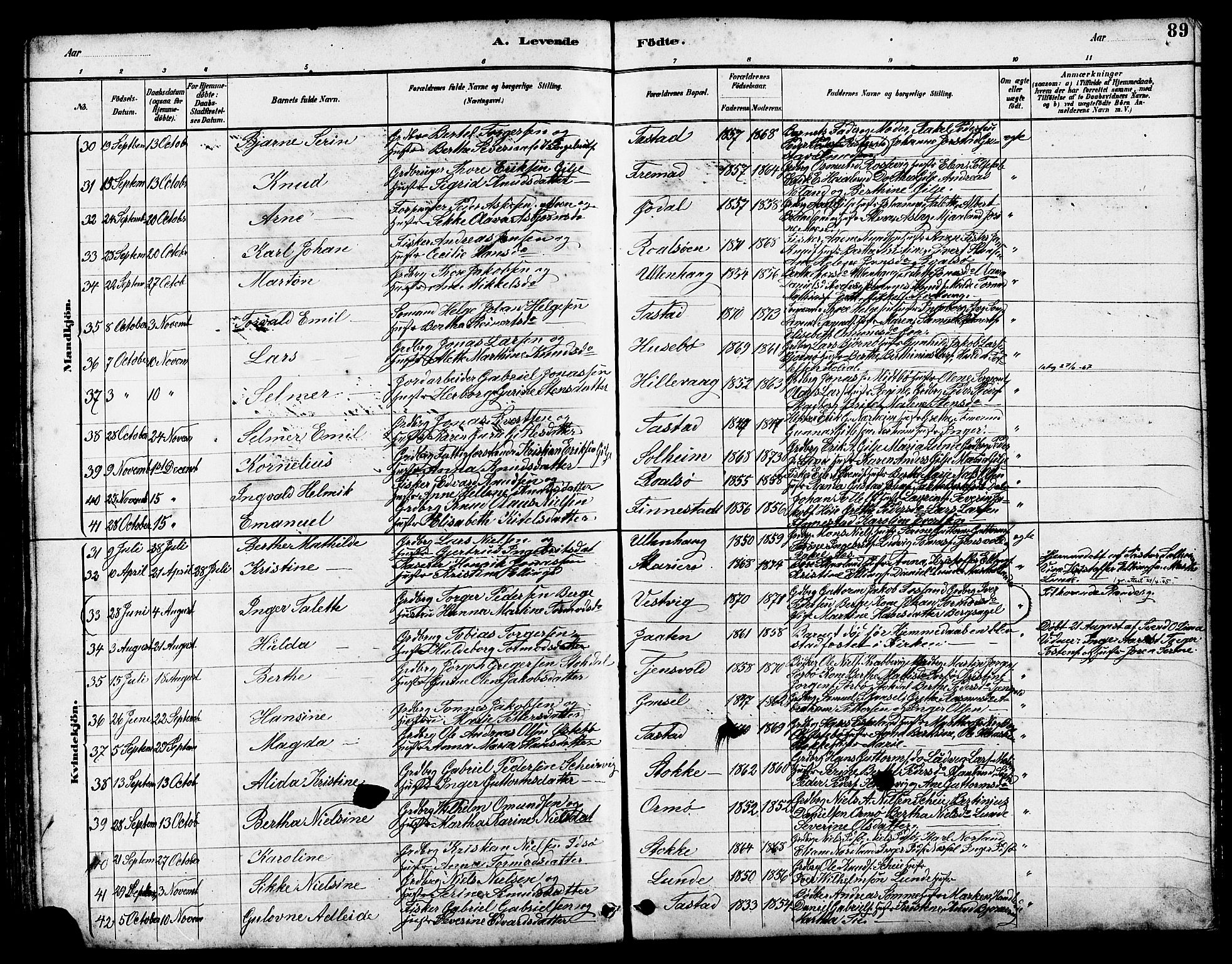Hetland sokneprestkontor, AV/SAST-A-101826/30/30BB/L0005: Parish register (copy) no. B 5, 1878-1910, p. 89
