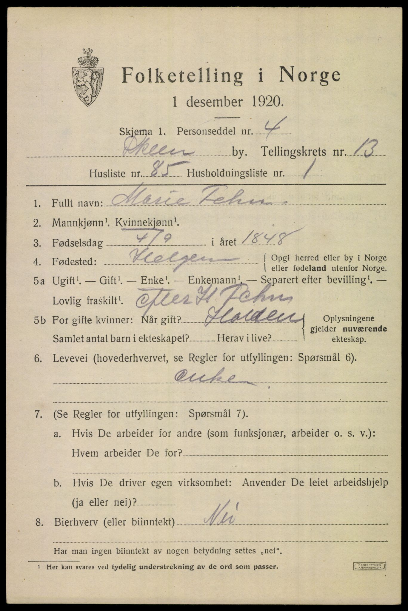 SAKO, 1920 census for Skien, 1920, p. 41014