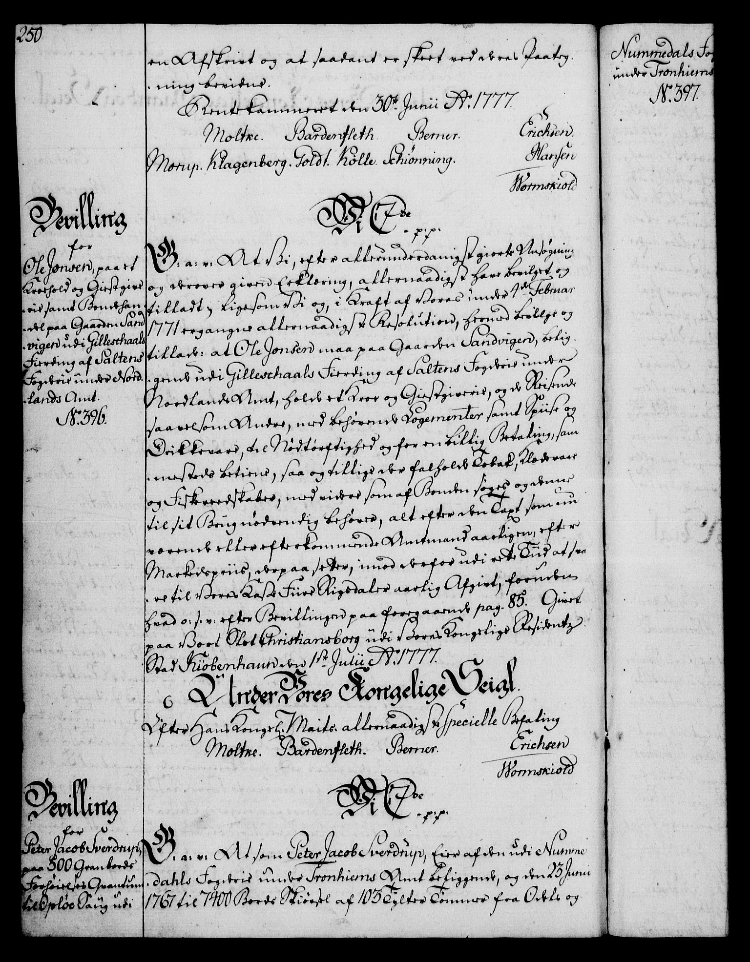 Rentekammeret, Kammerkanselliet, RA/EA-3111/G/Gg/Gga/L0010: Norsk ekspedisjonsprotokoll med register (merket RK 53.10), 1773-1778, p. 250