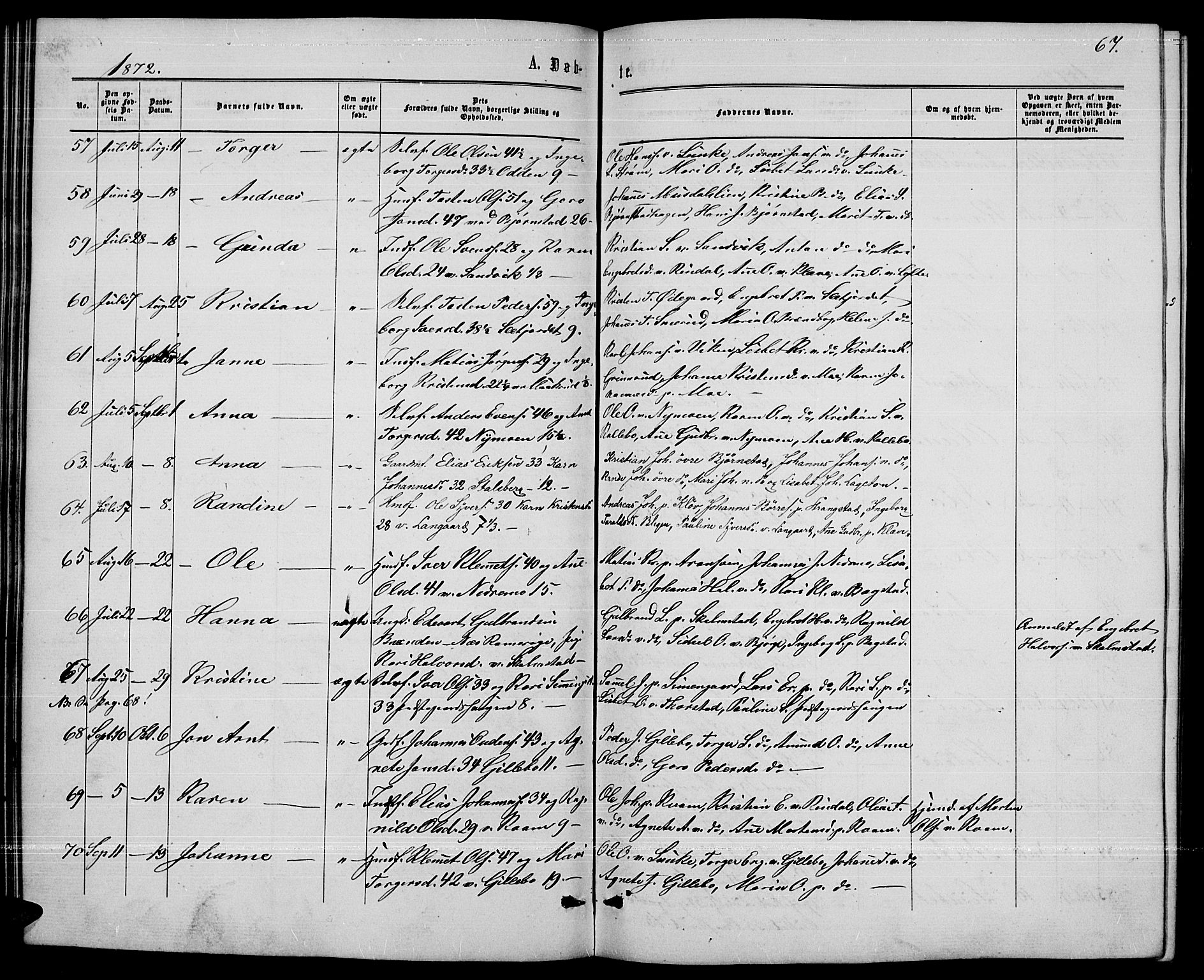 Øyer prestekontor, AV/SAH-PREST-084/H/Ha/Hab/L0001: Parish register (copy) no. 1, 1863-1877, p. 67