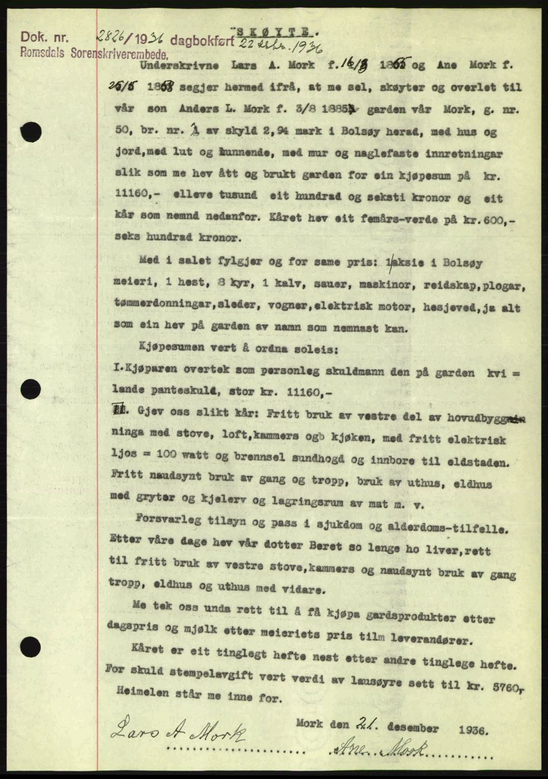 Romsdal sorenskriveri, AV/SAT-A-4149/1/2/2C: Mortgage book no. A2, 1936-1937, Diary no: : 2826/1936