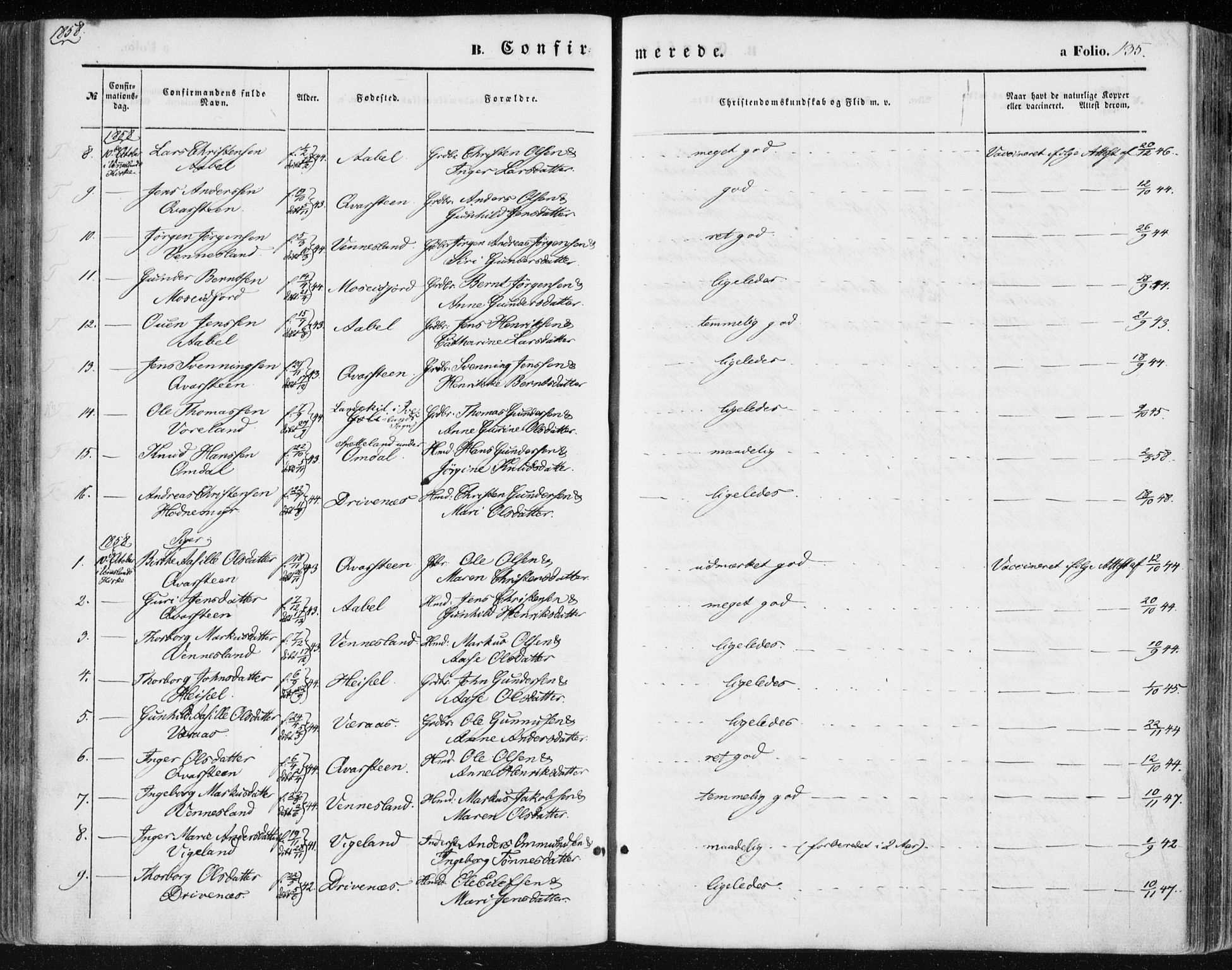 Vennesla sokneprestkontor, AV/SAK-1111-0045/Fa/Fac/L0007: Parish register (official) no. A 7, 1855-1873, p. 135