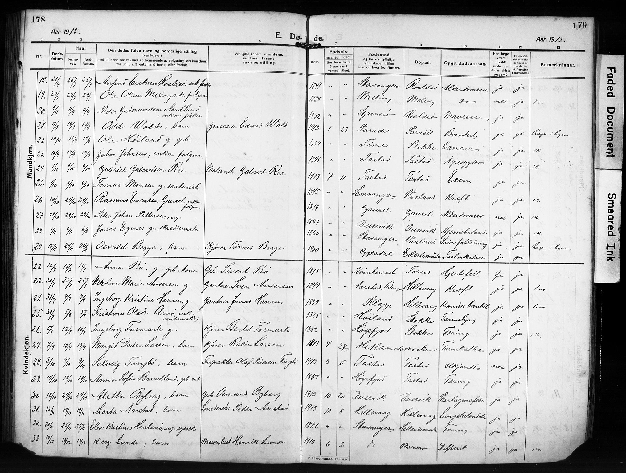 Hetland sokneprestkontor, AV/SAST-A-101826/30/30BB/L0009: Parish register (copy) no. B 9, 1910-1931, p. 178-179