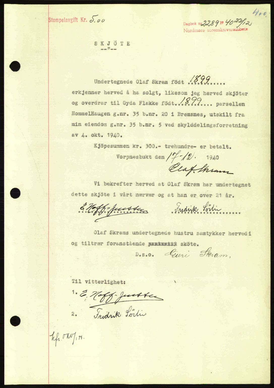Nordmøre sorenskriveri, SAT/A-4132/1/2/2Ca: Mortgage book no. A89, 1940-1941, Diary no: : 2289/1940