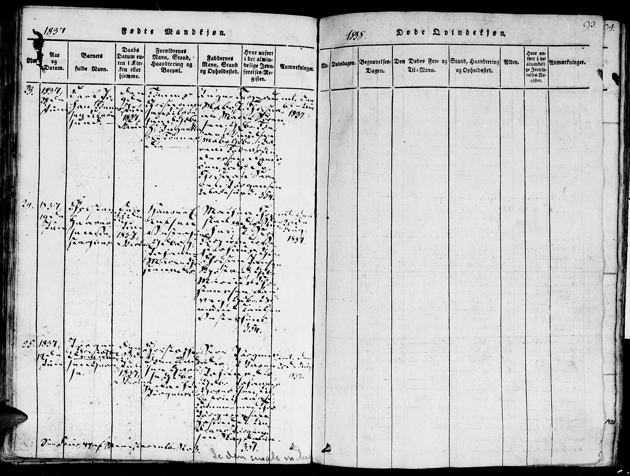 Høvåg sokneprestkontor, SAK/1111-0025/F/Fa/L0001: Parish register (official) no. A 1, 1816-1843, p. 93