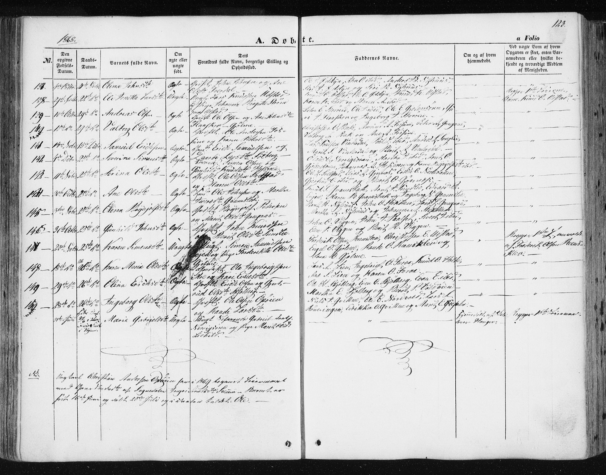 Ministerialprotokoller, klokkerbøker og fødselsregistre - Sør-Trøndelag, SAT/A-1456/668/L0806: Parish register (official) no. 668A06, 1854-1869, p. 123
